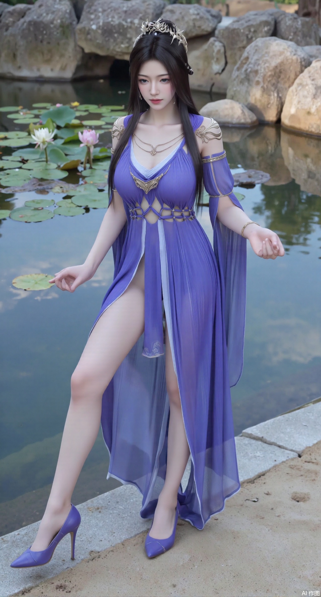 SFW,(masterpiece:1.2),best quality,absurdres,masterpiece,original,extremely detailed wallpaper,perfect lighting,1girl,solo,standing,looking at viewer,(cowboy_shot:1.23),black hair,long hair,long derss,high heels,blurry background,depth of field,motion blur,bare shouders,crystal_earrings,headpiece,hair_tie,chest_jewel,gem,necklace,jewelry,in summer,day,(outdoors,nature,sea:1.29),(Pond, water lilies,rose,beach:1.69),(huge breasts:2.99),(full breasts:2.99),,XyunyunXY,Xmeining,Xjiangziyue,Xweinina,Xyunxiao,Xxiaoqingxue,Xlenhuan,Xhuajin,Xgufenghuaqiang,XyouqianxueK,XzilingK,Xg36qipaoCOS,Xxiuhefu,Xqianmu