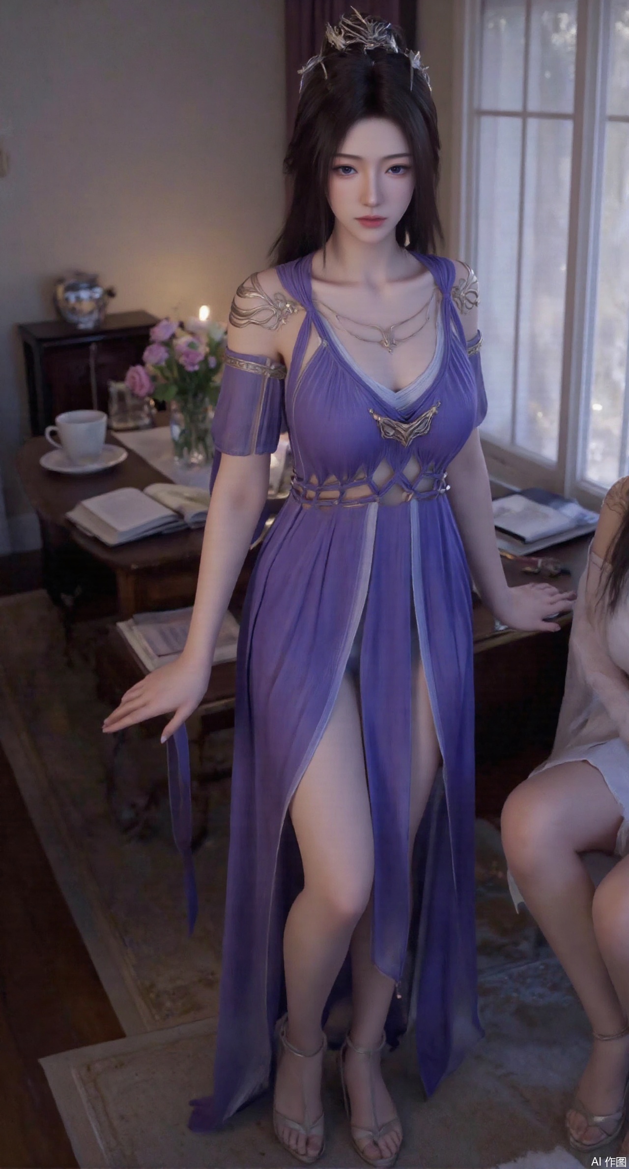 (masterpiece:1.2),best quality,Ultra clear, wallpaper, 8k, masterpiece, 1girl, solo, long hair, breasts, looking at viewer, bangs, large breasts,long dress,, bare shoulders, jewelry, black hair, standing, purple eyes, full body, flower, thighs, indoors, hair bun, long dress, high heels, cup, see-through, book, bare legs, window, table, white footwear, standing on one leg, curtains, pink flower, side slit, vase, ,(huge breasts:2.99),(full breasts:2.99),,,(pink rose flowers:1.59),,XlimuwanXJCB,XcaiyunxianziK,XzilingK,Xsiyudan,XyouqianxueK