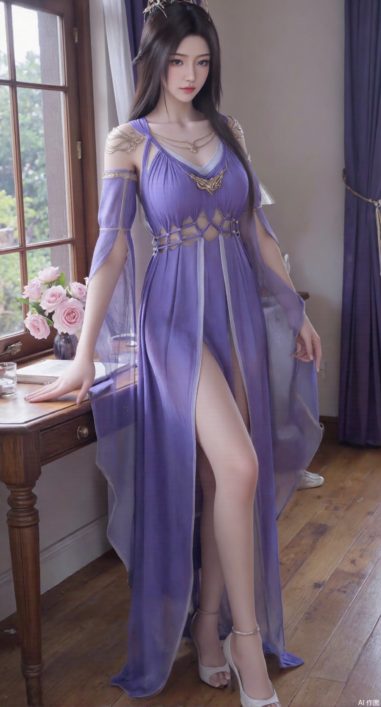 (masterpiece:1.2),best quality,Ultra clear, wallpaper, 8k, masterpiece, 1girl, solo, long hair, breasts, looking at viewer, bangs, large breasts,long dress,, bare shoulders, jewelry, black hair, standing, purple eyes, full body, flower, thighs, indoors, hair bun, long dress, high heels, cup, see-through, book, bare legs, window, table, white footwear, standing on one leg, curtains, pink flower, side slit, vase, ,(huge breasts:2.99),(full breasts:2.99),,,(pink rose flowers:1.59),,XlimuwanXJCB,XcaiyunxianziK,XzilingK,Xsiyudan,XyouqianxueK