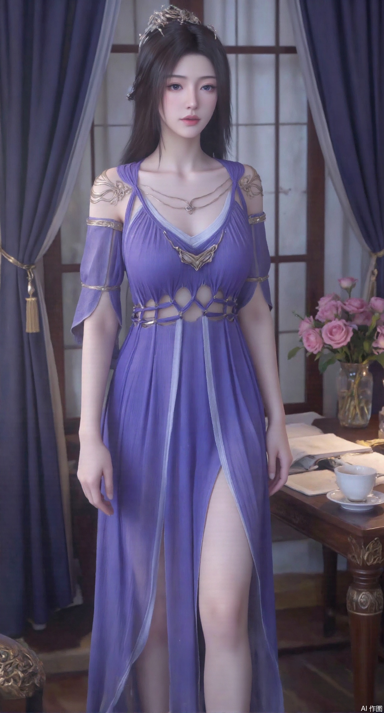 (masterpiece:1.2),best quality,Ultra clear, wallpaper, 8k, masterpiece, 1girl, solo, long hair, breasts, looking at viewer, bangs, large breasts,long dress,, bare shoulders, jewelry, black hair, standing, purple eyes, full body, flower, thighs, indoors, hair bun, long dress, high heels, cup, see-through, book, bare legs, window, table, white footwear, standing on one leg, curtains, pink flower, side slit, vase, ,(huge breasts:2.99),(full breasts:2.99),,,(pink rose flowers:1.59),,XlimuwanXJCB,XcaiyunxianziK,XzilingK,Xsiyudan,XyouqianxueK