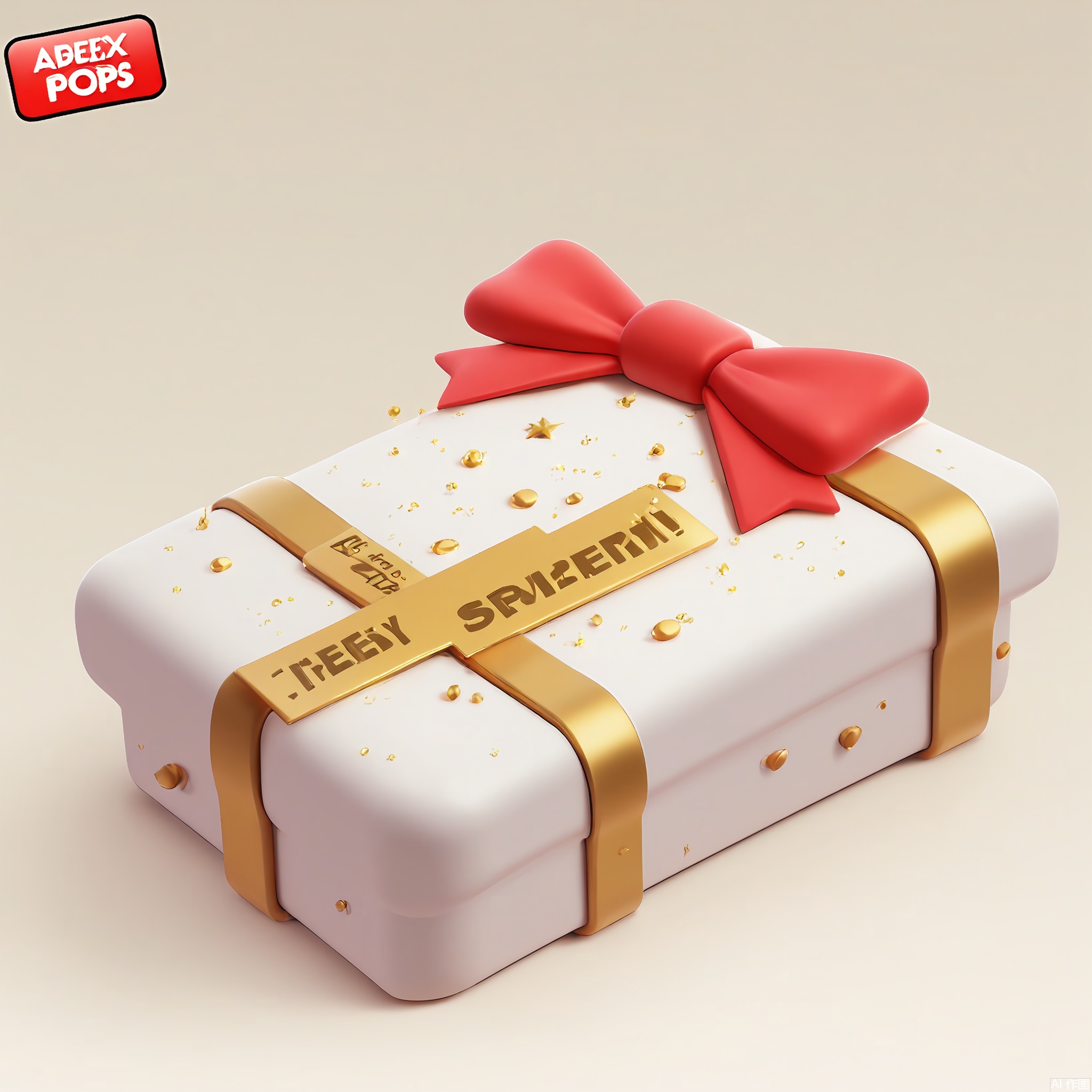 KTZG, A 3D-rendered cartoon gift box with a glossy red bow, gold wrapping paper, and a tiny "SURPRISE!" tag. The box pops open, releasing a shower of golden sparkles, with a creamy white background.
