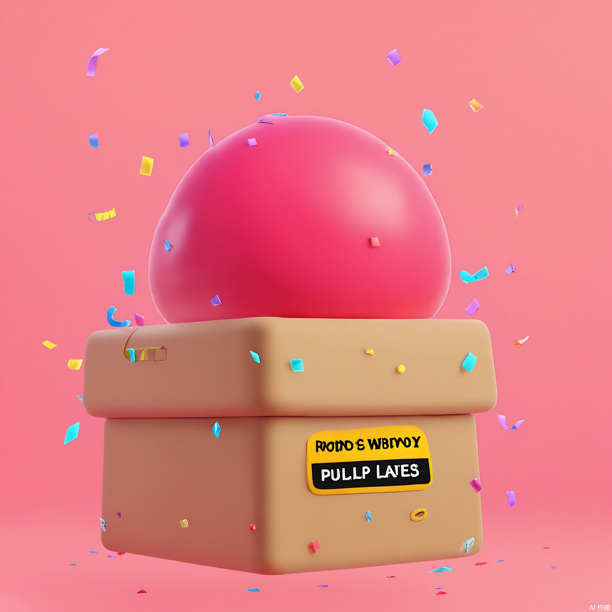 KTZG, A 3D-rendered cartoon shipping box with a robotic face, glossy red body, and golden accents. It waves a tiny "SALE!" banner, with confetti bursting from its top. The background is a soft bubblegum pink, emphasizing playful delivery vibes.
