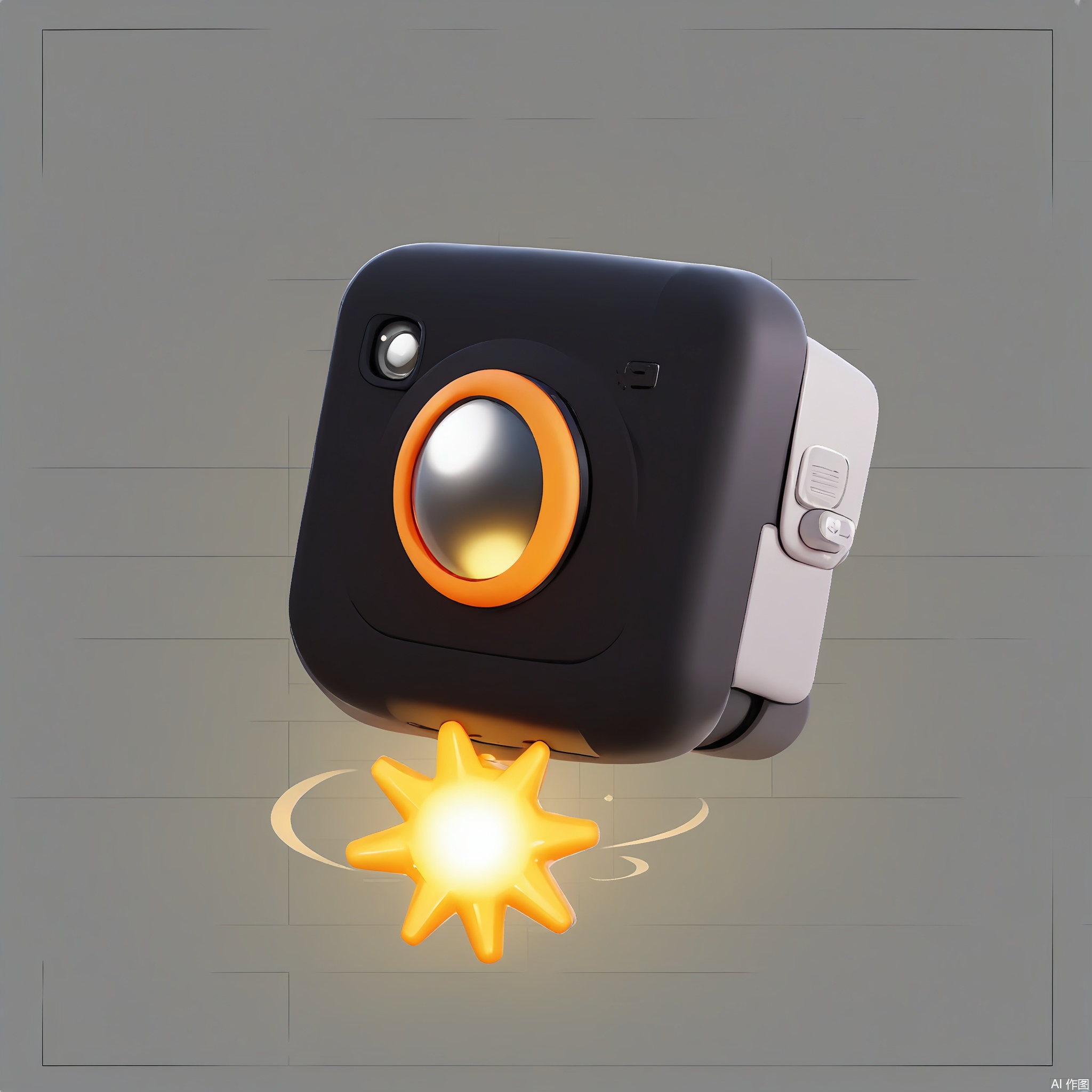 KTZG, A 3D-rendered cartoon drone with a matte-black body, glowing orange propellers, and a tiny camera lens that winks. It hovers above a neon-blue grid pattern, and a trail of starbursts follows its motion. The background is a stark white, emphasizing futuristic precision.
