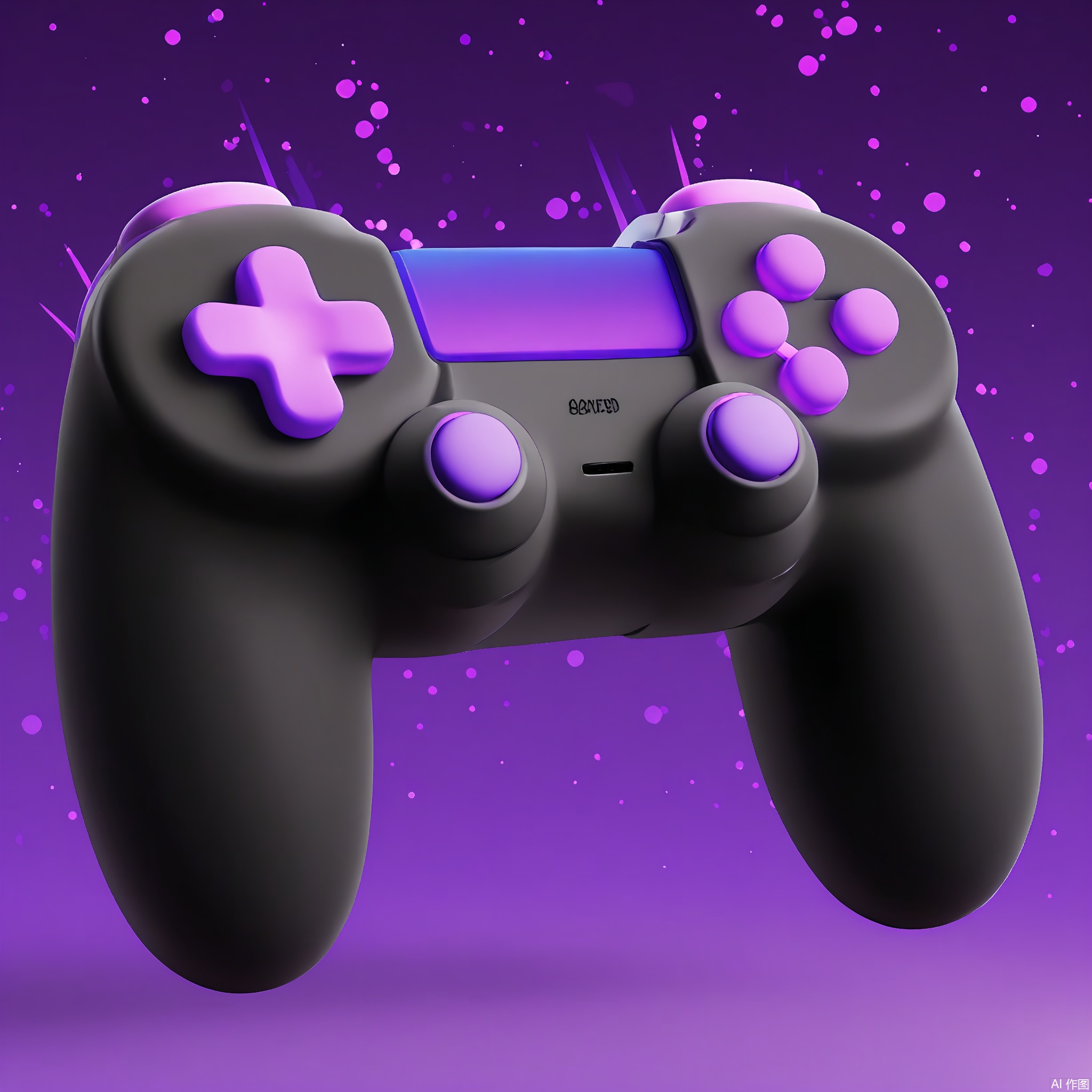 KTZG, A 3D-rendered cartoon gaming controller with a glossy black body, neon-purple buttons, and a vibrating handle that shimmers. A tiny "BOOST" icon hovers above, and digital particles explode from the joystick. The background is a deep royal purple, amplifying the gaming excitement.
