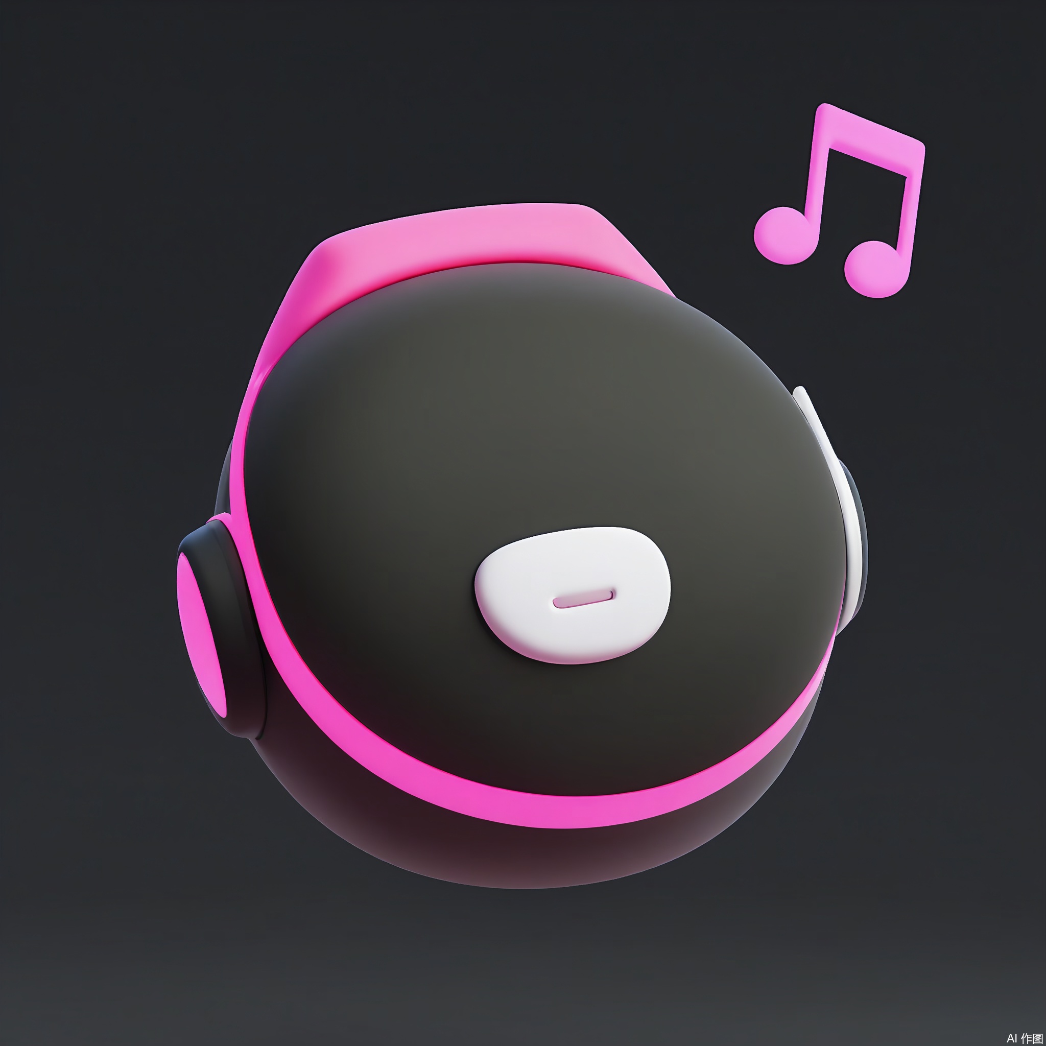 KTZG, A 3D-rendered cartoon headphone set with glossy black ear cups and a neon-pink headband. Soundwaves pulse outward in wavy cyan lines, and a floating music note hovers above. The background is a deep charcoal gray, enhancing the sleek, audio-focused design.
