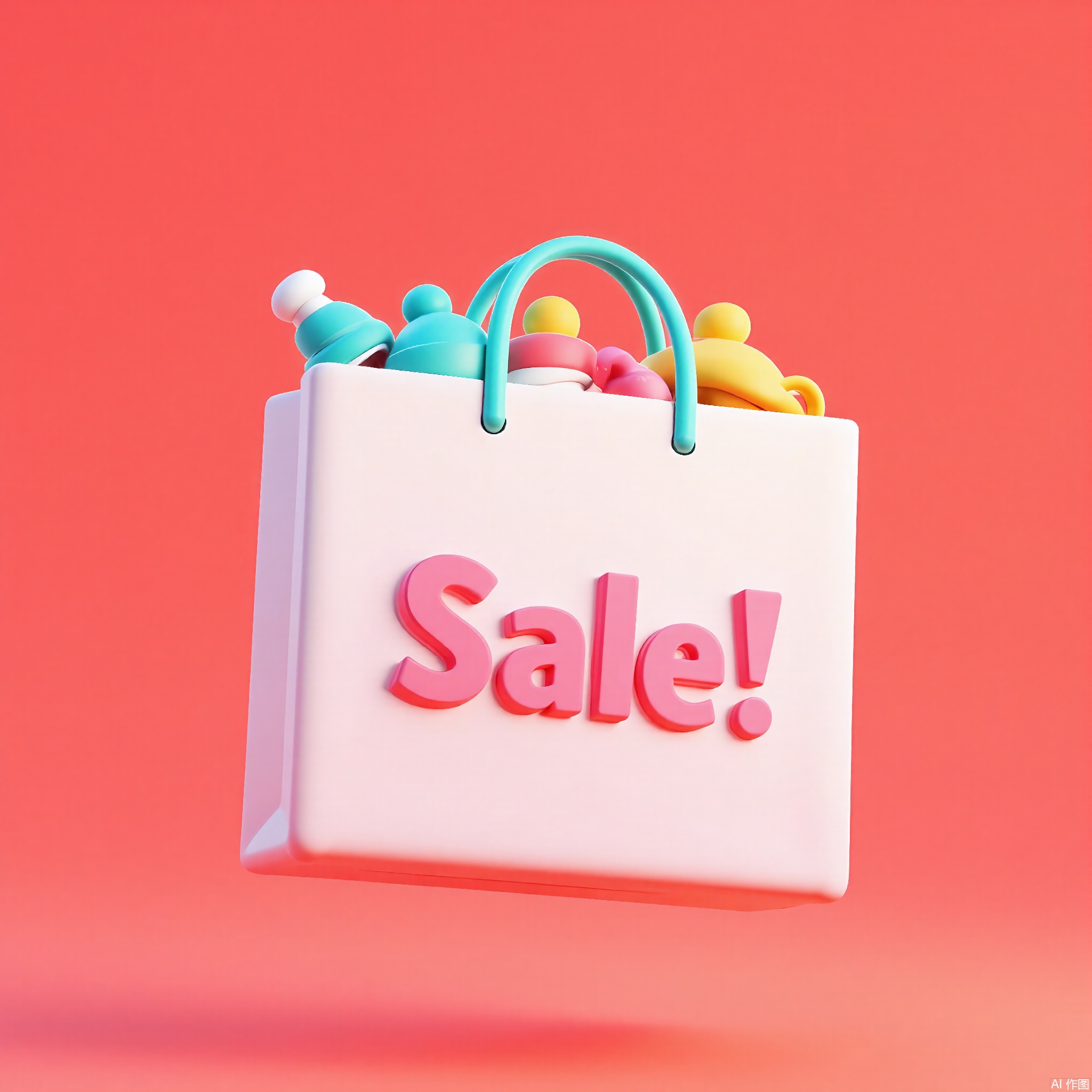 KTZG,
A 3D-rendered cartoon shopping bag with a glossy white body, teal handles, and a giant pink "SALE!" sticker. The bag is stuffed with floating socks, hats, and scarves, with a coral-pink background.
