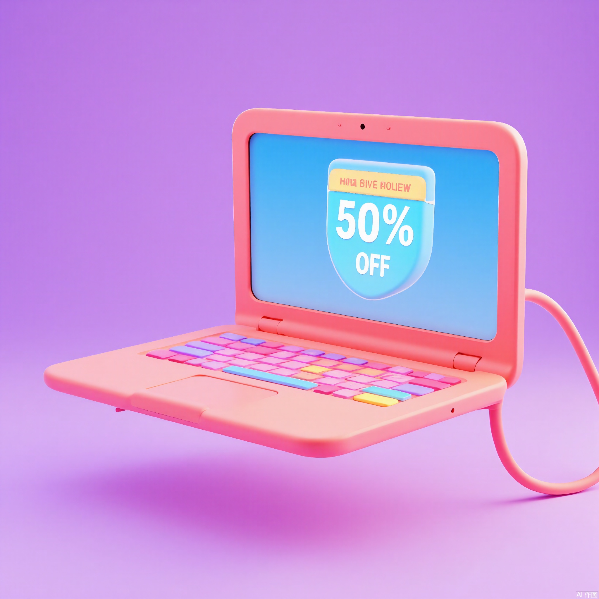 KTZG,
A 3D-rendered cartoon laptop with a slim rose-gold body and a holographic screen displaying a "50% OFF" banner. The keyboard glows with pastel keys, and a charging cable curls playfully beside it. The background is a soft lavender solid, blending tech and retail appeal.
