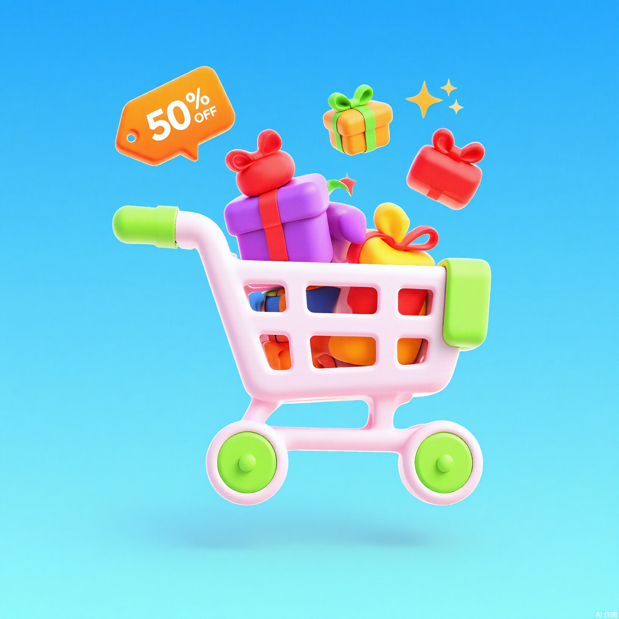 KTZG,
A 3D-rendered cartoon shopping cart with a pearl-white frame, neon-green wheels, and a "50% OFF" tag bouncing on its handle. The cart is filled with floating gift boxes, and a starburst trails its motion. The background is a crisp sky blue.
