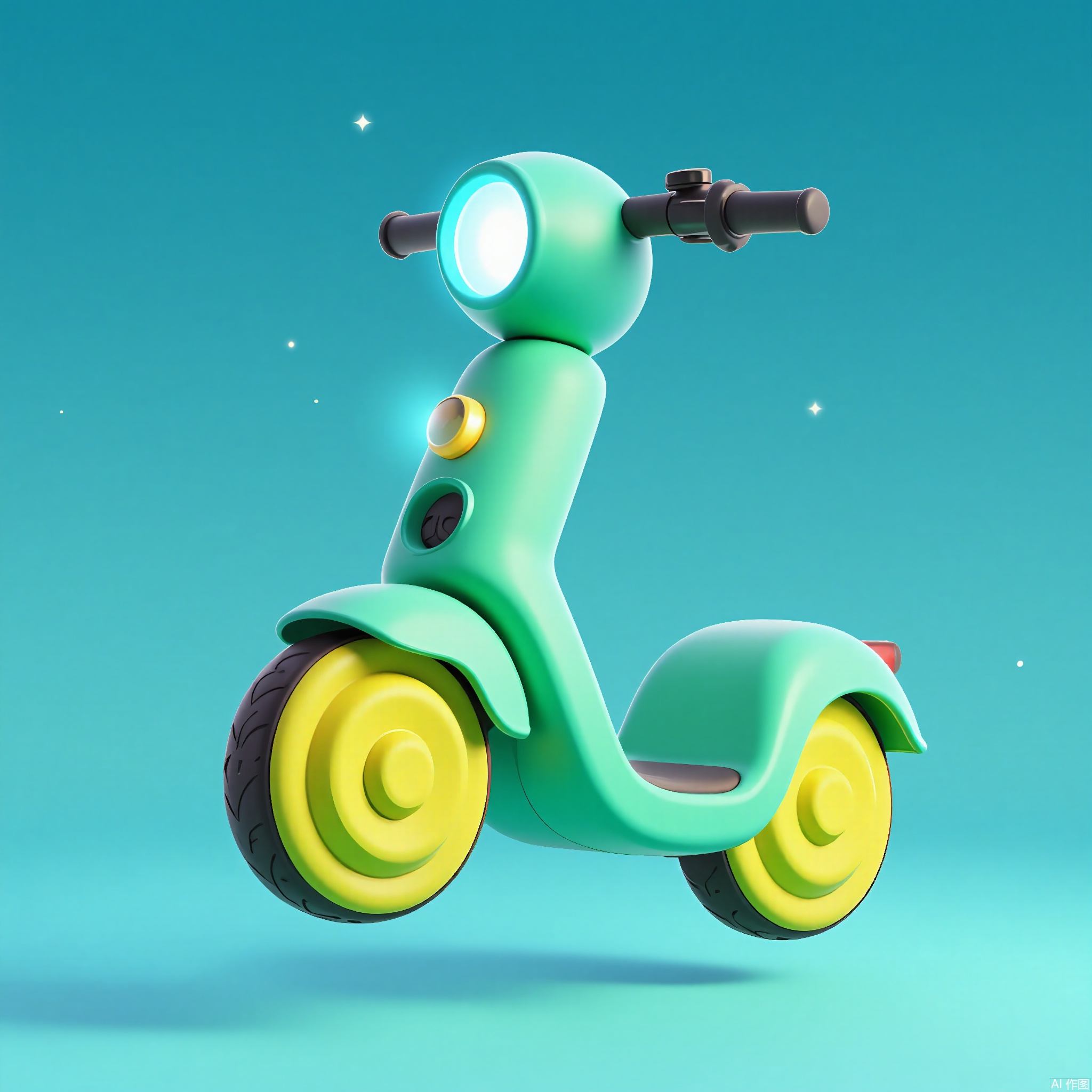 KTZG,
A 3D-rendered cartoon electric scooter with a mint-green frame, neon-yellow wheels, and a glowing battery indicator on the handlebar. It leans into a turn, leaving a trail of cyan sparkles. The background is a sky-blue solid, suggesting urban mobility.
