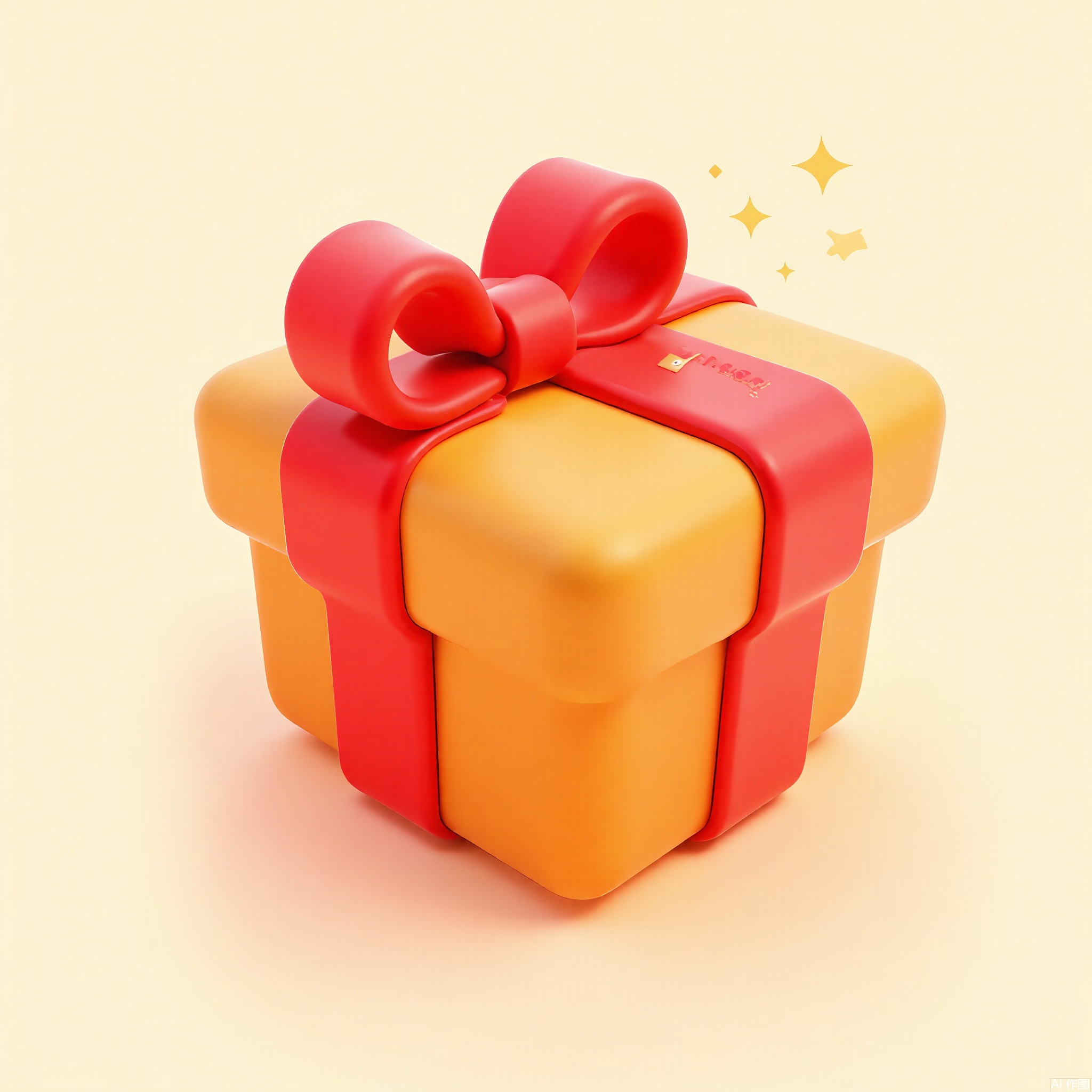 KTZG,
A 3D-rendered cartoon gift box with a glossy red bow, gold wrapping paper, and a tiny "SURPRISE!" tag. The box pops open, releasing a shower of golden sparkles, with a creamy white background.
