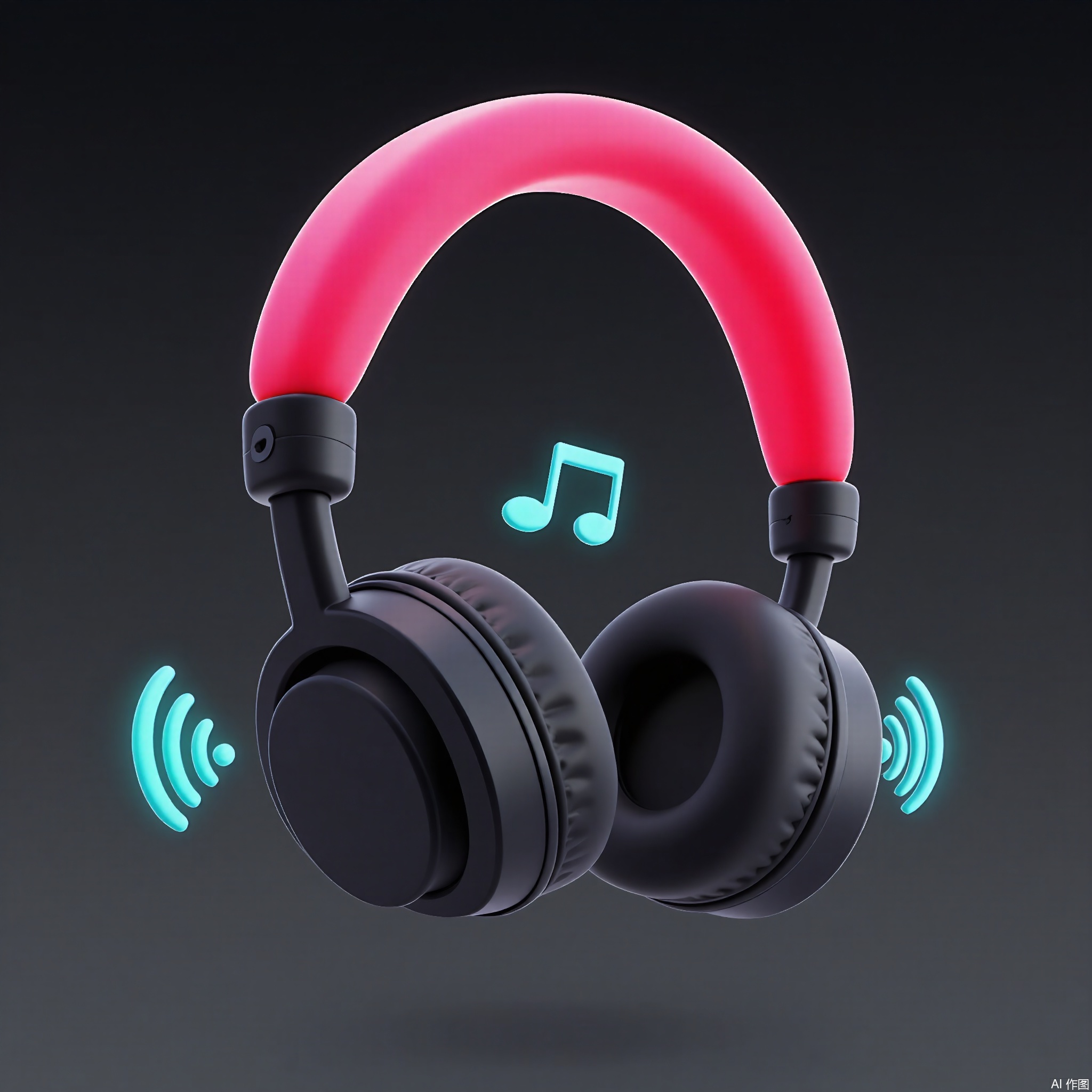 KTZG,
A 3D-rendered cartoon headphone set with glossy black ear cups and a neon-pink headband. Soundwaves pulse outward in wavy cyan lines, and a floating music note hovers above. The background is a deep charcoal gray, enhancing the sleek, audio-focused design.

