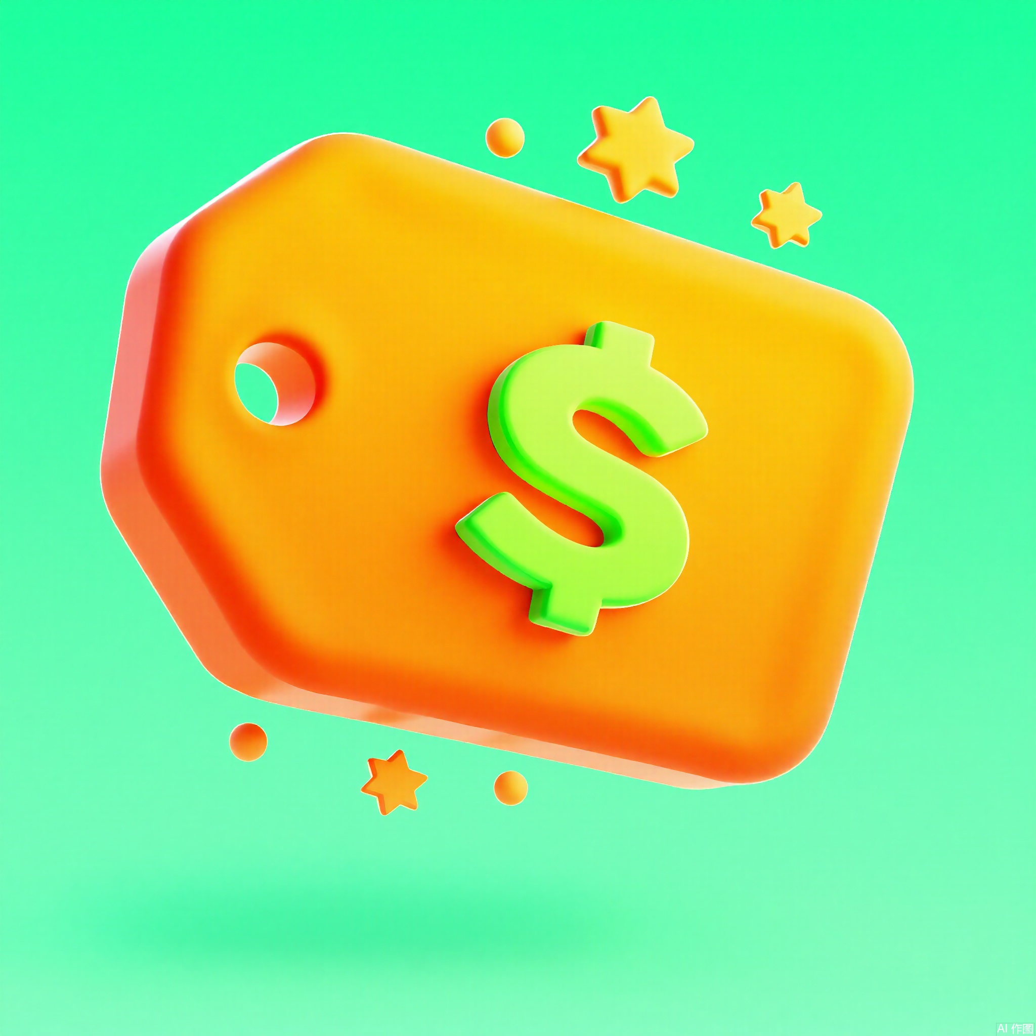 KTZG,
A 3D-rendered cartoon price tag with a glossy orange body, neon-green "$" symbol, and a burst of starbursts. The tag is skewed dynamically, with a mint-green background.
