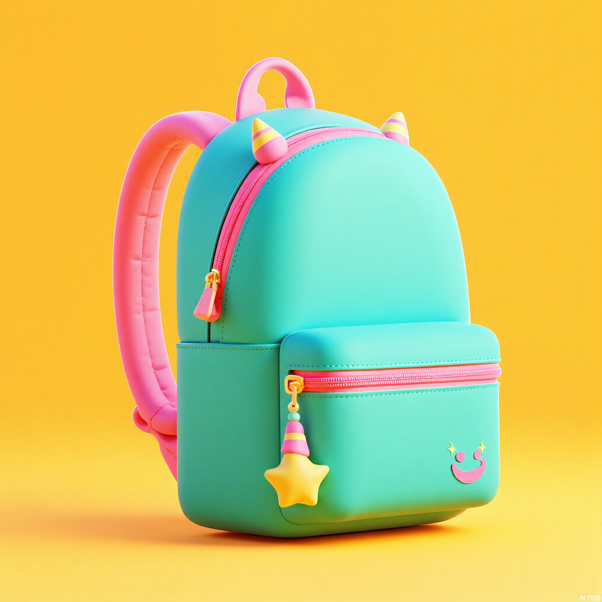 KTZG,
A 3D-rendered cartoon backpack with a bubbly teal exterior, zippers shaped like smiling mouths, and a rainbow unicorn horn zipper pull. The straps are padded in cotton-candy pink, and a tiny star wand dangles nearby. The background is a sunny yellow, radiating cheerful adventure.
