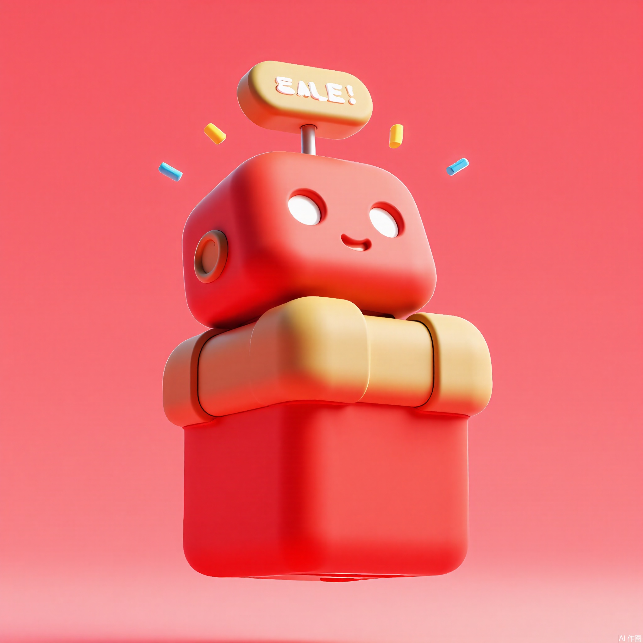 KTZG,
A 3D-rendered cartoon shipping box with a robotic face, glossy red body, and golden accents. It waves a tiny "SALE!" banner, with confetti bursting from its top. The background is a soft bubblegum pink, emphasizing playful delivery vibes.
