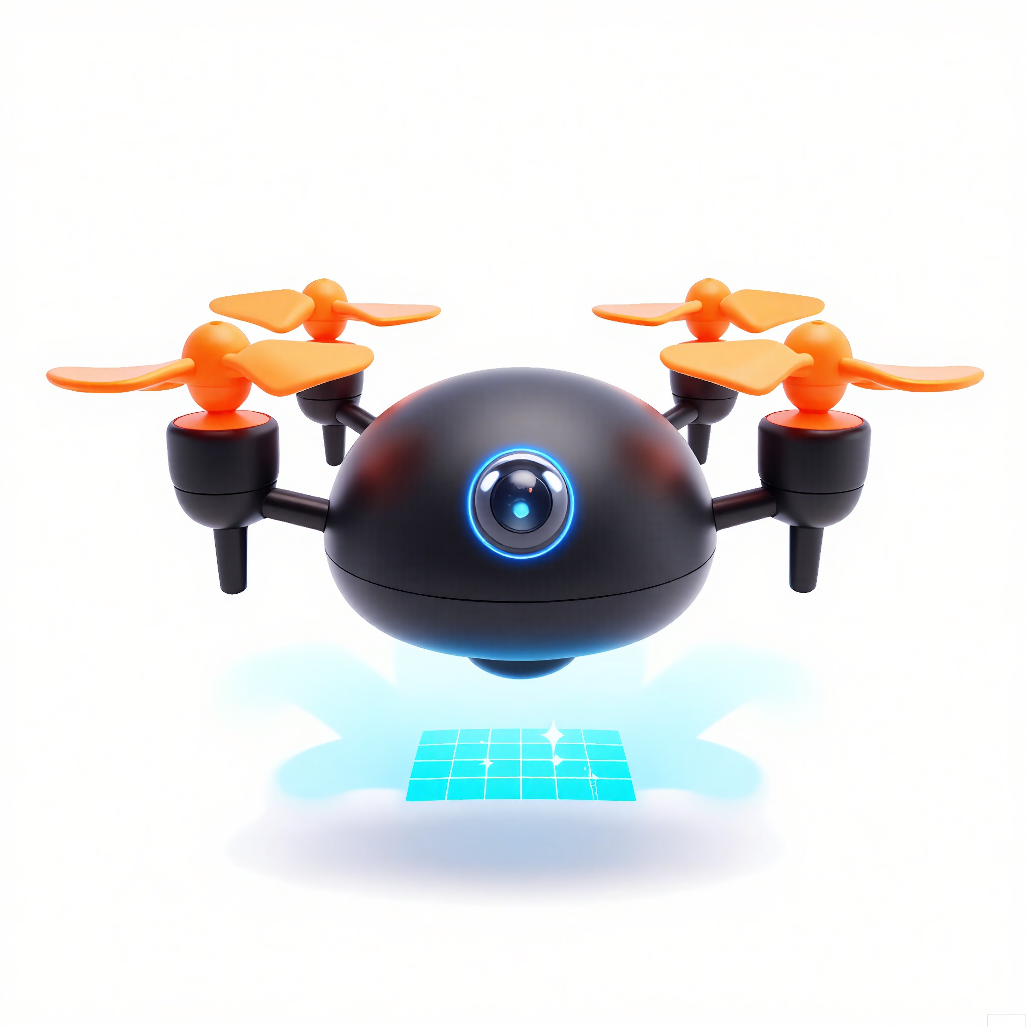 KTZG,
A 3D-rendered cartoon drone with a matte-black body, glowing orange propellers, and a tiny camera lens that winks. It hovers above a neon-blue grid pattern, and a trail of starbursts follows its motion. The background is a stark white, emphasizing futuristic precision.
