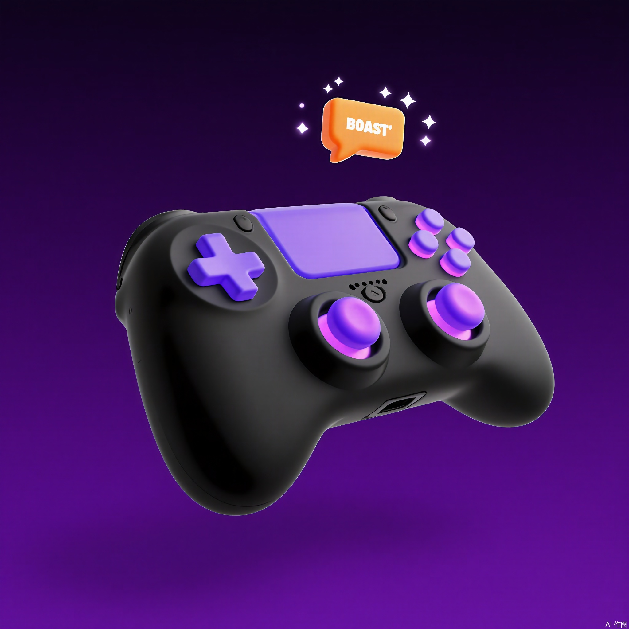 KTZG,
A 3D-rendered cartoon gaming controller with a glossy black body, neon-purple buttons, and a vibrating handle that shimmers. A tiny "BOOST" icon hovers above, and digital particles explode from the joystick. The background is a deep royal purple, amplifying the gaming excitement.
