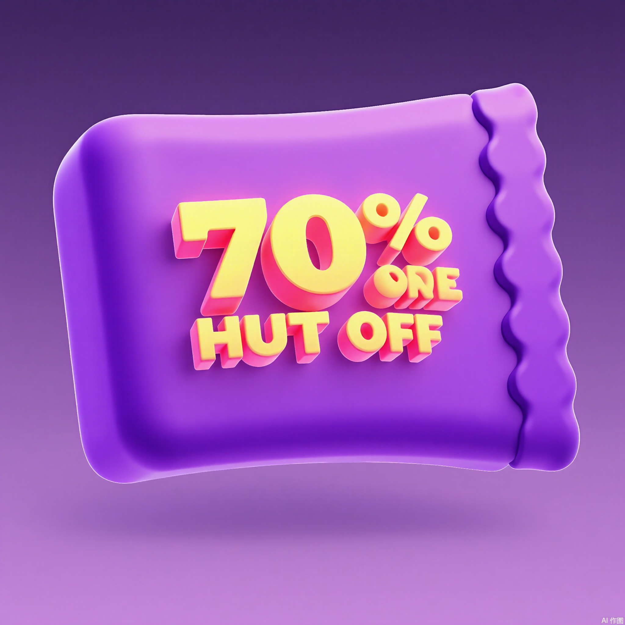 KTZG,
A 3D-rendered cartoon coupon with a glossy purple surface, glowing "70% OFF" text, and a shimmering border. The coupon curls at the edges, with a swirling gold-dust effect and a soft lavender background.
