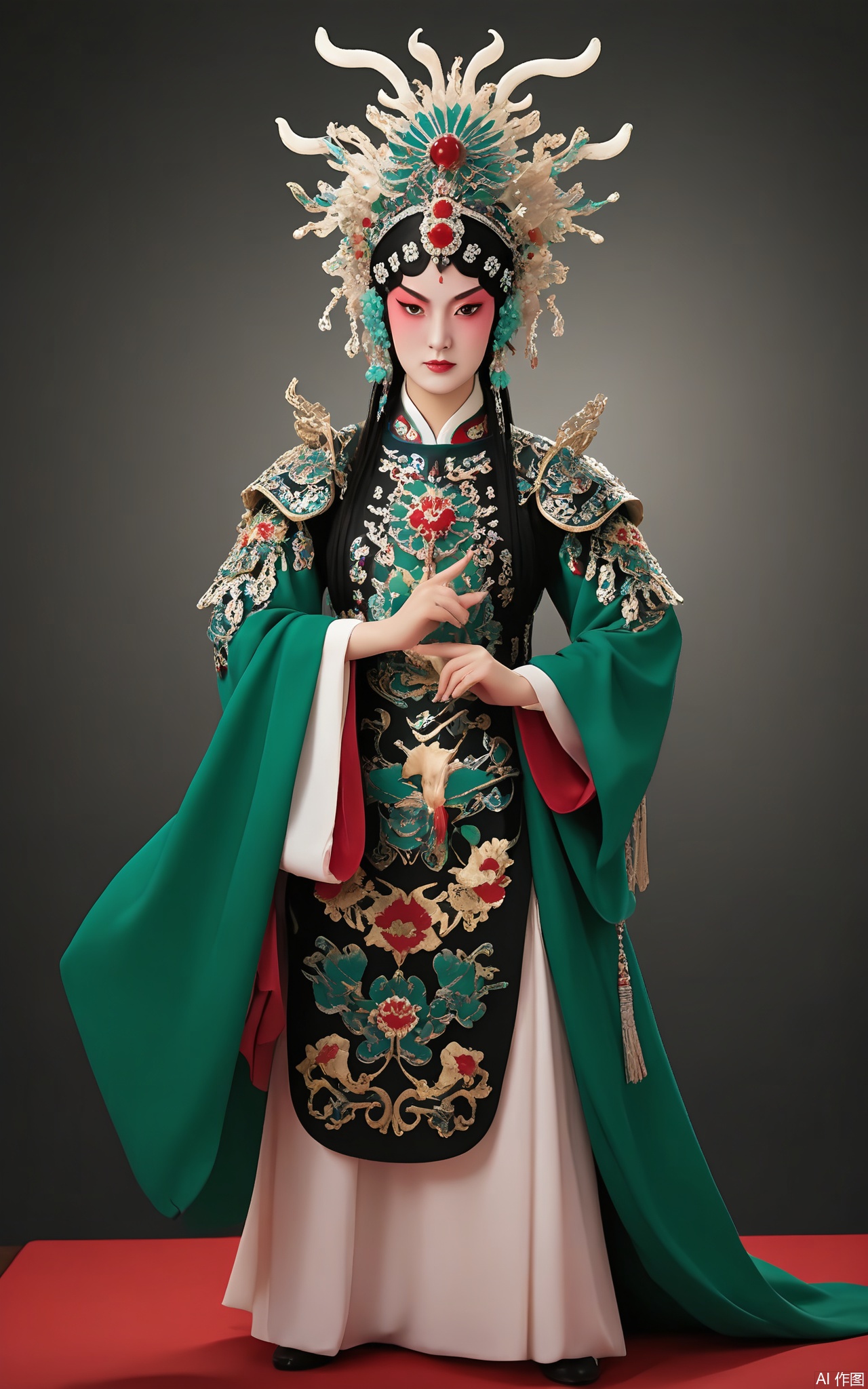 JJRX, A fierce warrior character in Peking Opera dress, dark background. Feathered headdress with emerald stones, bold black-and-gold facial makeup, armor-inspired red robe with lion motifs, jade armlets. Dynamic pose, sharp lighting highlighting metallic accents.
