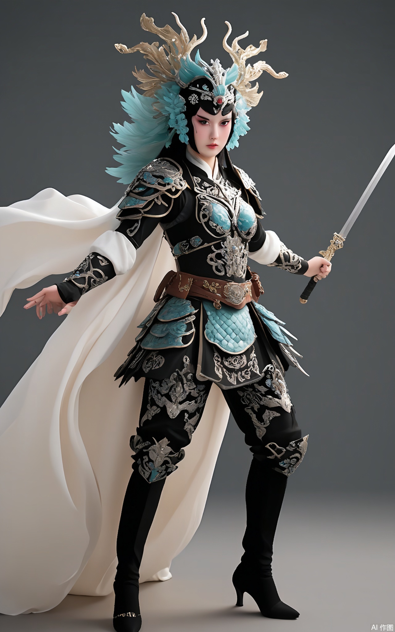 JJRX, A fierce female warrior in opera attire, dark background. Feathered headdress with topaz, bold black-and-silver makeup, layered armor with dragon motifs, jade belt. Dynamic fighting stance, dramatic rim lighting.
