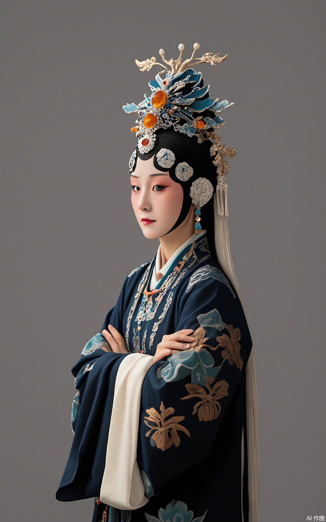 JJRX, A wise elder figure in traditional costume, black backdrop. Ornate hat with amber stones, subtle gray makeup, flowing indigo robes with mountain patterns, jade pendant. Thoughtful gaze, soft ambient lighting.
