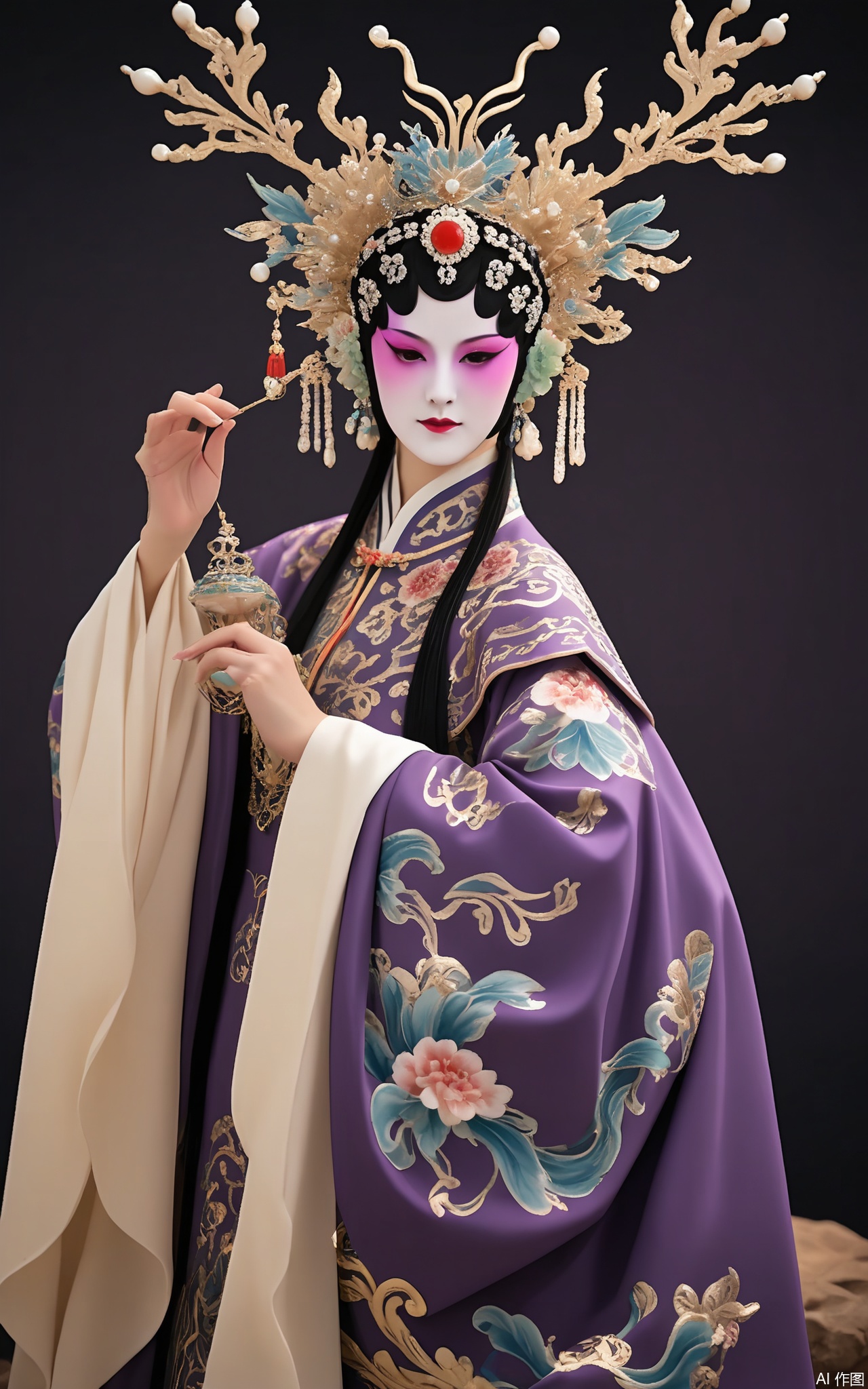 JJRX, A mystical immortal figure in opera dress, dark background. Multilayered headdress with coral beads, shimmering gold face paint, flowing purple robes with crane patterns, pearl earrings. Tranquil expression, ethereal backlighting.
