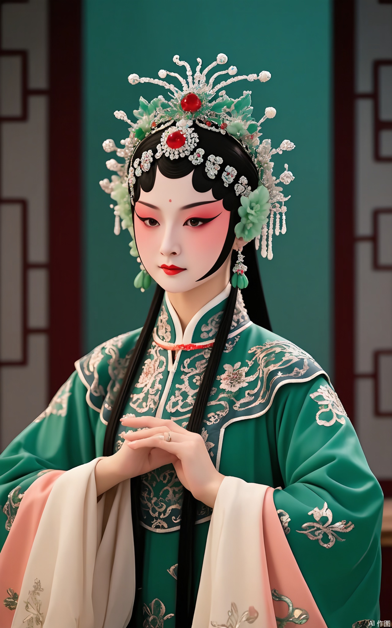 JJRX, A noble princess in Peking Opera garb, simple black setting. Jade tiara with emeralds, refined peach makeup, flowing emerald gown with lotus motifs, silver hairpin. Regal posture, gentle diffused lighting.
