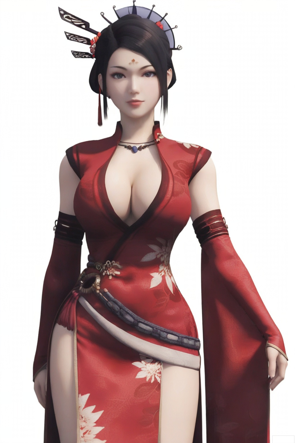 score_9,,1girl,solo,hair ornament,chinese clothes,black hair,red dress,necklace,breasts,large breasts,cleavage,belt,detached sleeves,standing,looking at viewer,white background,simple background,ZQN