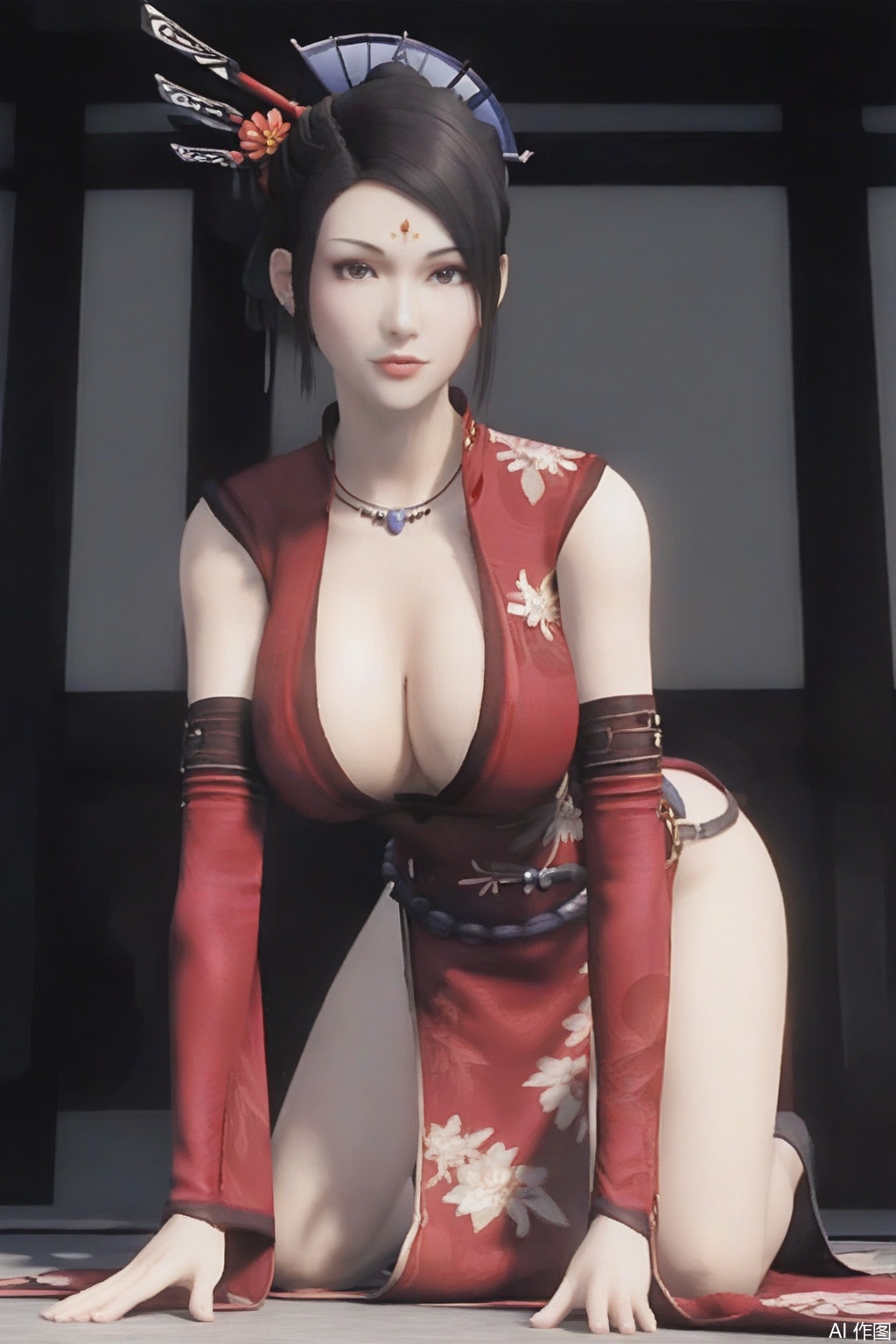 score_9,1girl,solo,hair ornament,chinese clothes,black hair,red dress,necklace,breasts,large breasts,cleavage,belt,detached sleeves,standing,looking at viewer,kneeling,all fours,ZQN