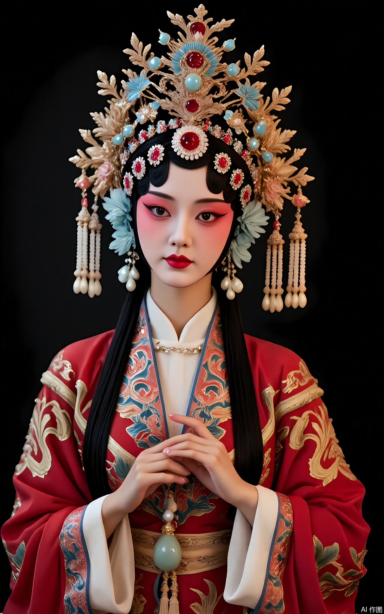JJRX, A wrathful deity figure in opera dress, dark background. Fiery crown with rubies, intense blue-and-gold makeup, layered crimson robes with flame patterns, jade pendant. Powerful aura, strong contrast lighting.
