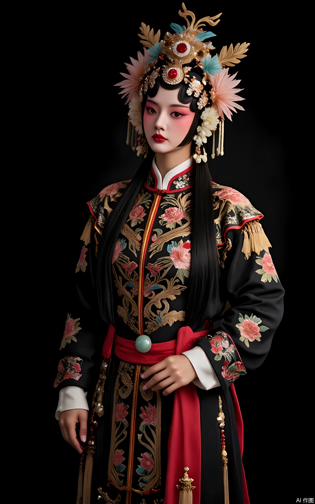 JJRX, A commanding general in traditional costume, black void background. Golden helmet with phoenix feathers, crimson face paint, layered black-and-gold armor, jade sash. Powerful stance, directional lighting emphasizing armor texture.
