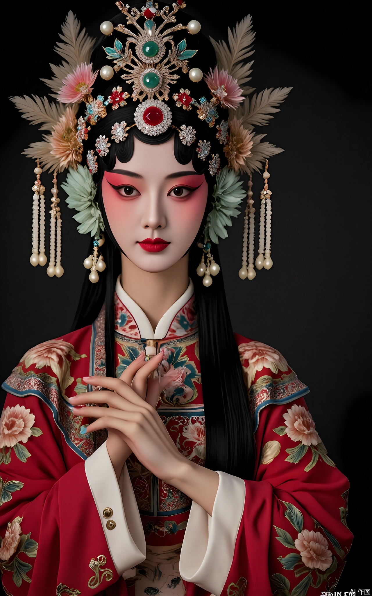JJRX, A fierce warrior character in Peking Opera dress, dark background. Feathered headdress with emerald stones, bold black-and-gold facial makeup, armor-inspired red robe with lion motifs, jade armlets. Dynamic pose, sharp lighting highlighting metallic accents.

