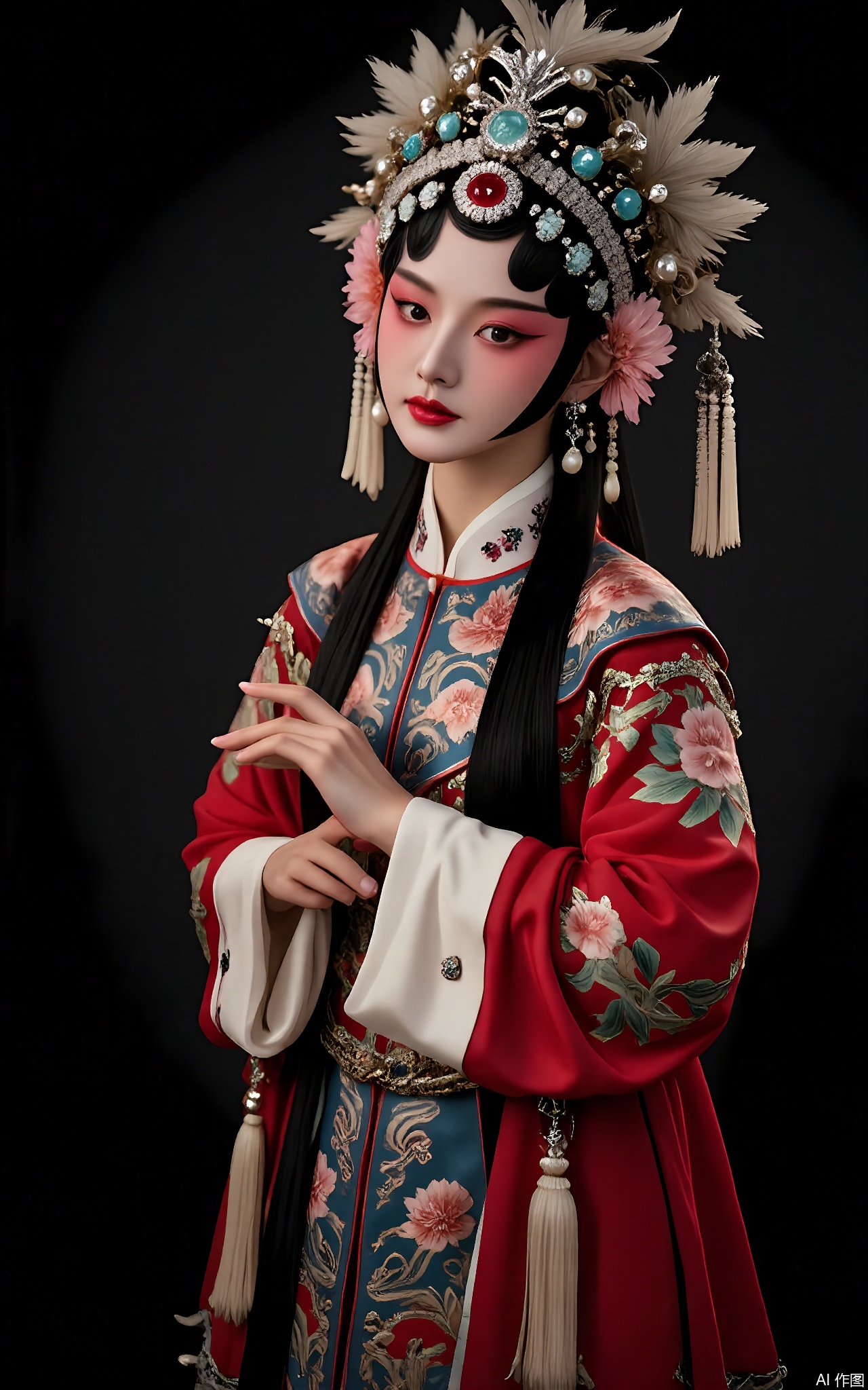 JJRX, A fierce female warrior in opera attire, dark background. Feathered headdress with topaz, bold black-and-silver makeup, layered armor with dragon motifs, jade belt. Dynamic fighting stance, dramatic rim lighting.
