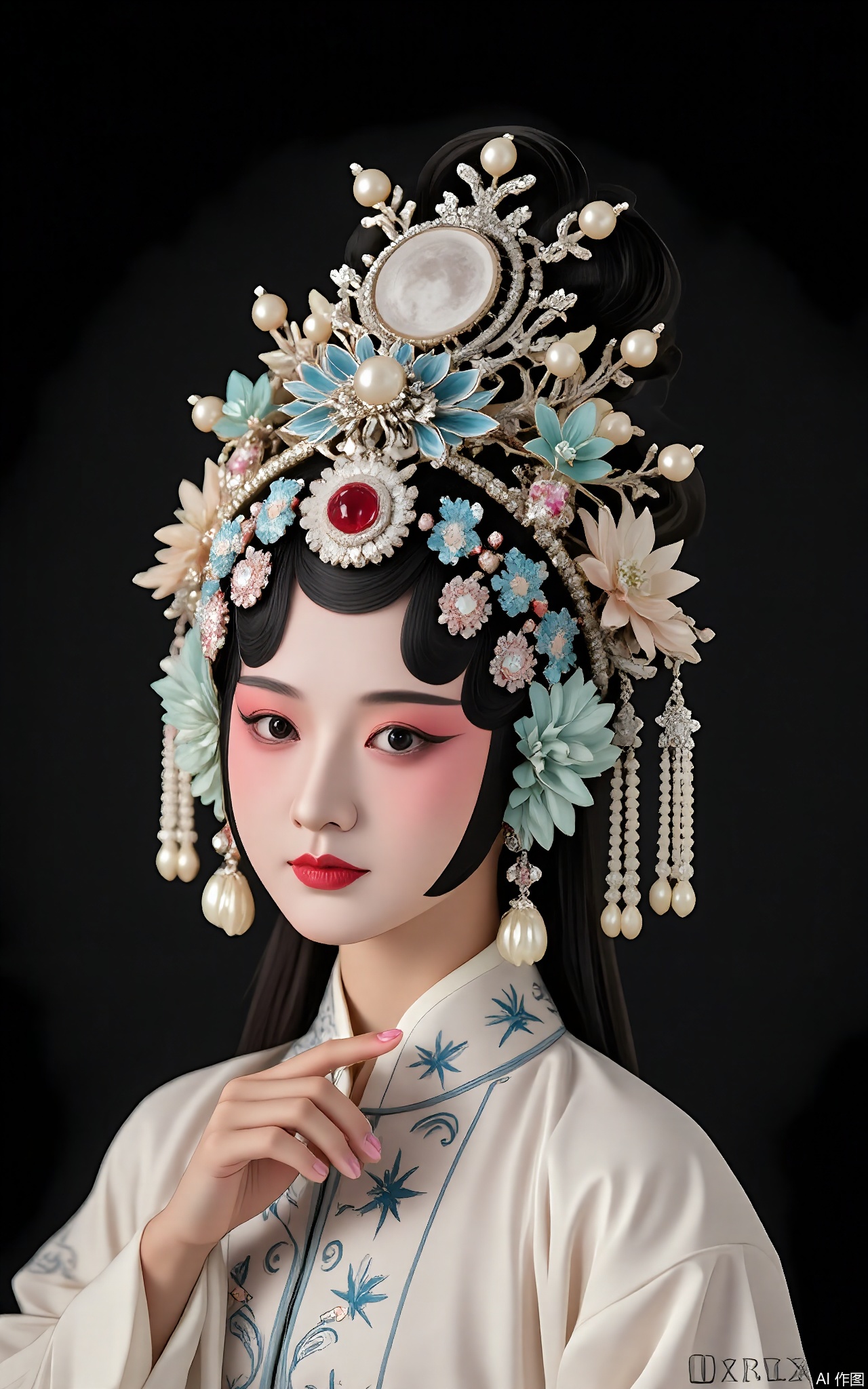JJRX, A celestial maiden in Peking Opera dress, solid black setting. Moon-shaped headdress with pearls, shimmering silver makeup, flowing white robes with star patterns, crystal earrings. Serene smile, ethereal glow.
