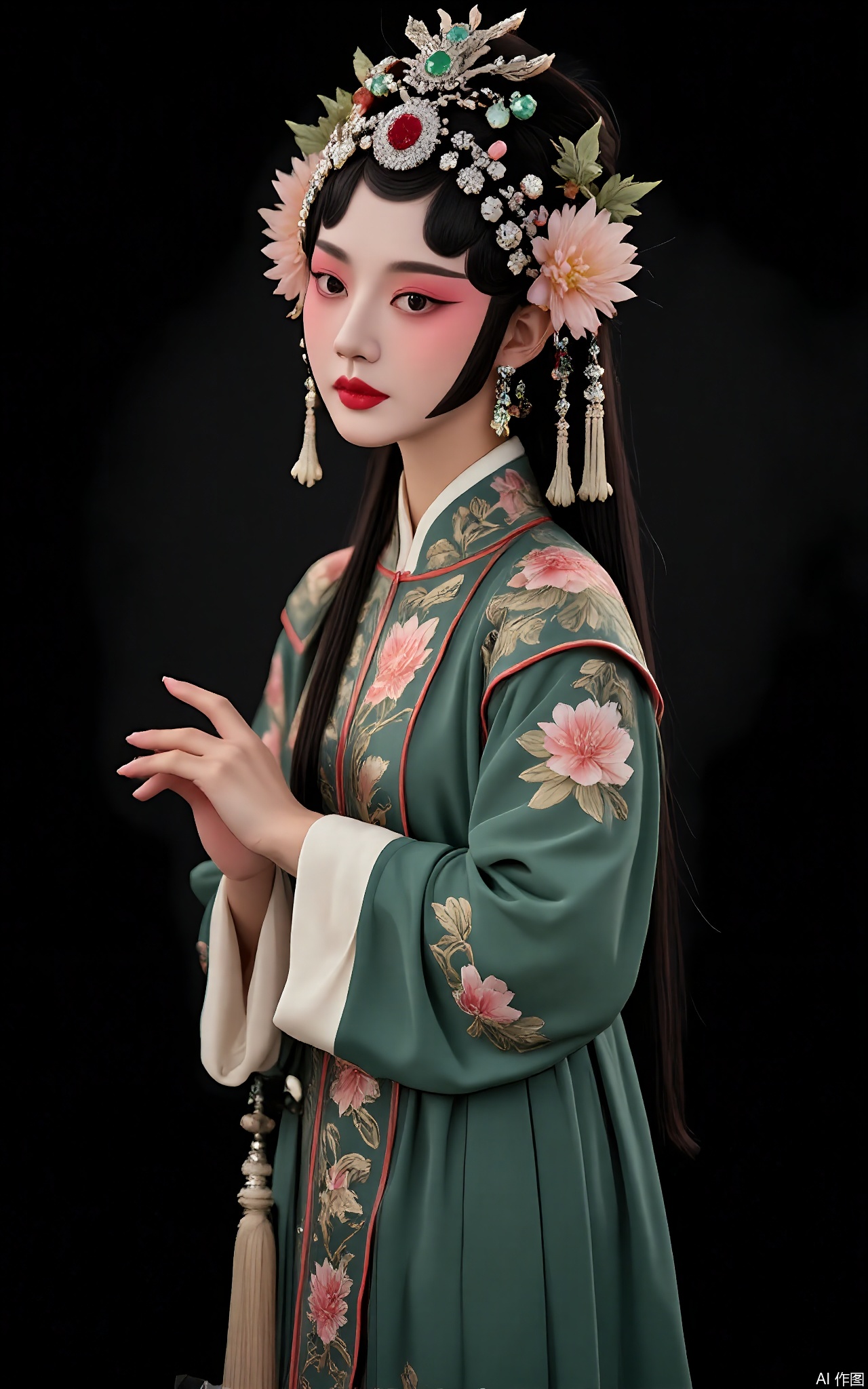 JJRX, A noble princess in Peking Opera garb, simple black setting. Jade tiara with emeralds, refined peach makeup, flowing emerald gown with lotus motifs, silver hairpin. Regal posture, gentle diffused lighting.
