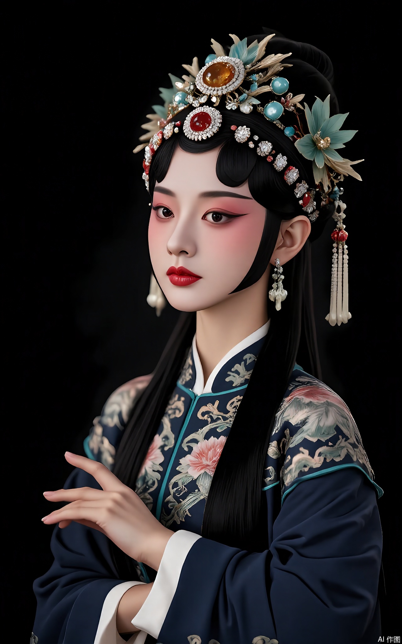 JJRX, A wise elder figure in traditional costume, black backdrop. Ornate hat with amber stones, subtle gray makeup, flowing indigo robes with mountain patterns, jade pendant. Thoughtful gaze, soft ambient lighting.
