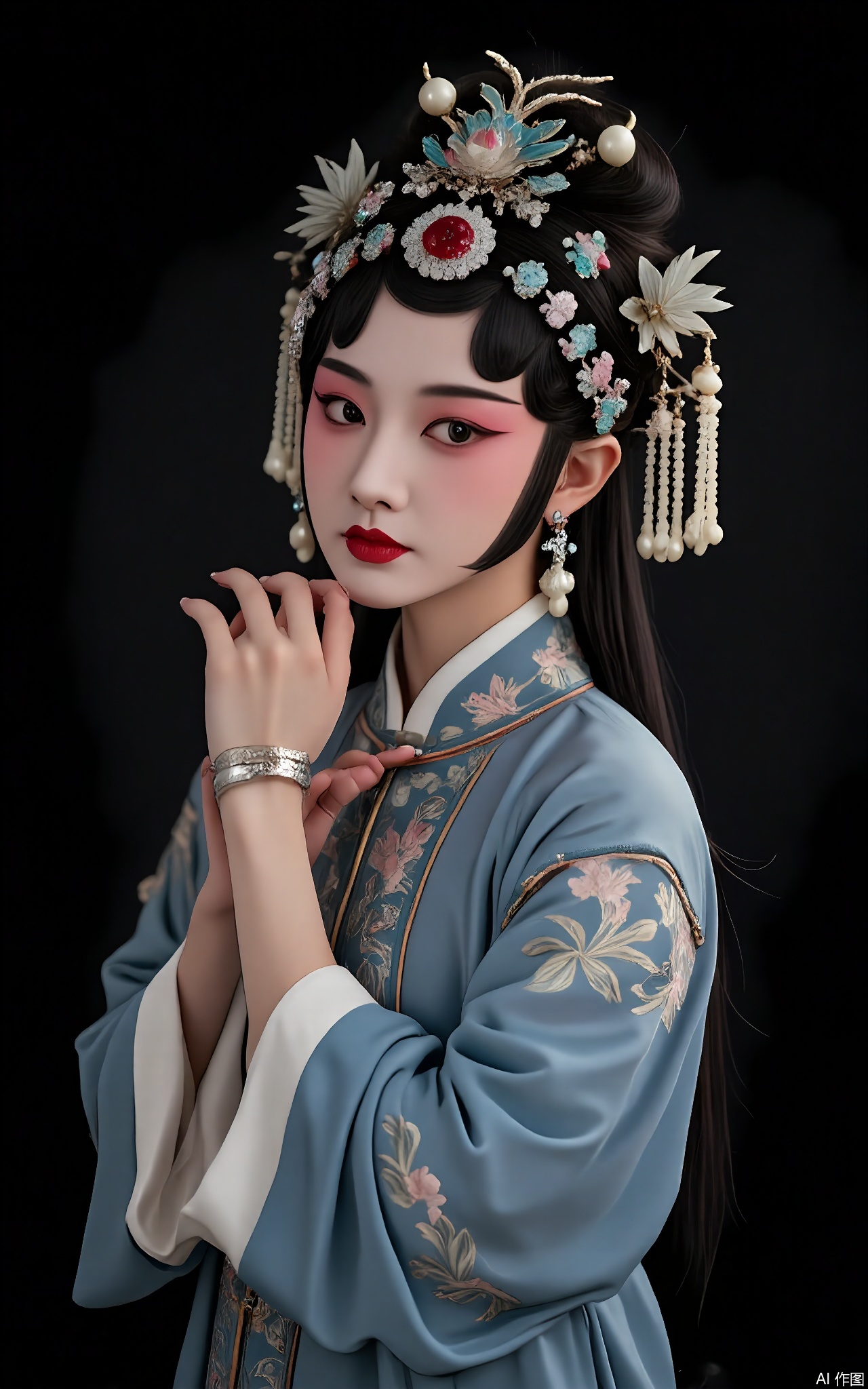 JJRX, A dignified scholar in Peking Opera garb, simple black backdrop. Jade hairpin with ruby, subtle peach-colored makeup, elegant blue robe with bamboo motifs, silver bracelet. Thoughtful pose, soft lighting enhancing fabric flow.
