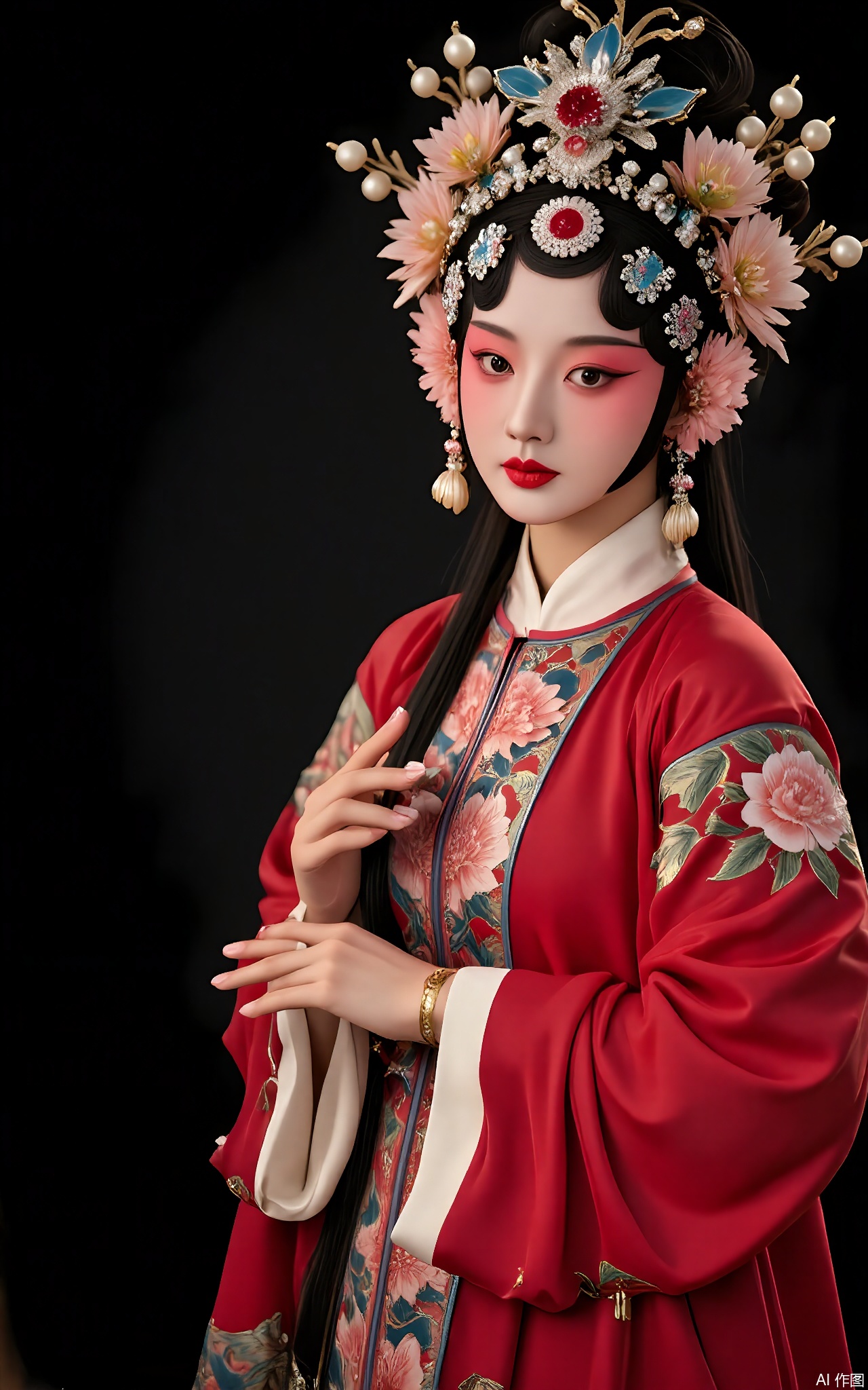 JJRX, An elegant courtesan in Peking Opera attire, solid black backdrop. Elaborate floral headdress with pearls, delicate pink makeup, flowing scarlet robes with peony embroidery, gold bracelet. Graceful stance, soft focus on fabric details.
