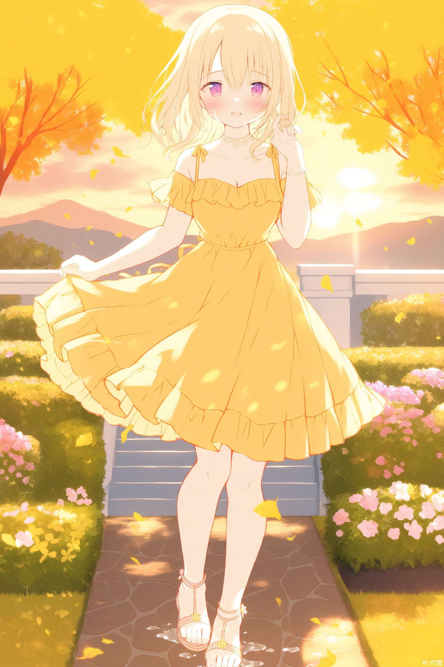 A teenage girl dancing gracefully in a medium shot with soft golden sunset lighting. She wears a flowing pastel dress, twirling elegantly in a serene garden. Her arms extend, toes point as she spins lightly. The blurred background enhances focus on her joyful expression and fluid movements. Detailed facial features, vibrant natural colors, cinematic style capture grace and innocence. Outdoor location, dreamlike atmosphere, delicate pose.