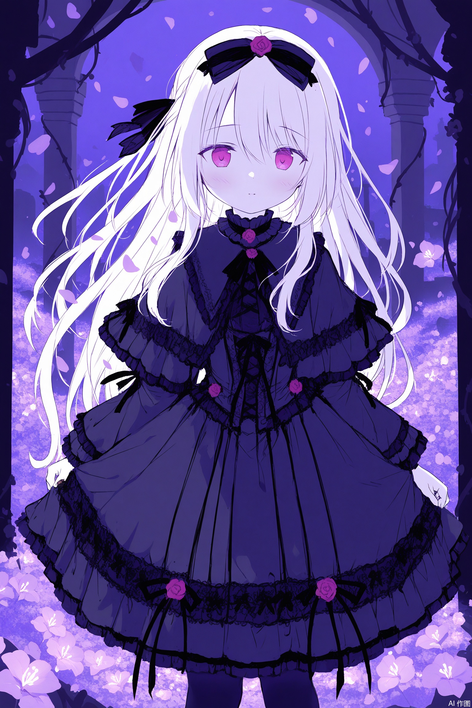 A graceful, petite girl in Gothic Lolita attire wanders through a vibrant midnight garden. Surrounded by roses, lilies, violets, she wears an intricate dress, hair ribbon, and headband, exuding royal elegance. Vines twist around structures as soft moonlight illuminates the starlit scene. Captured from the side, flowers frame her figure against the dark, magical botanical setting, emphasizing the night’s enchantment.