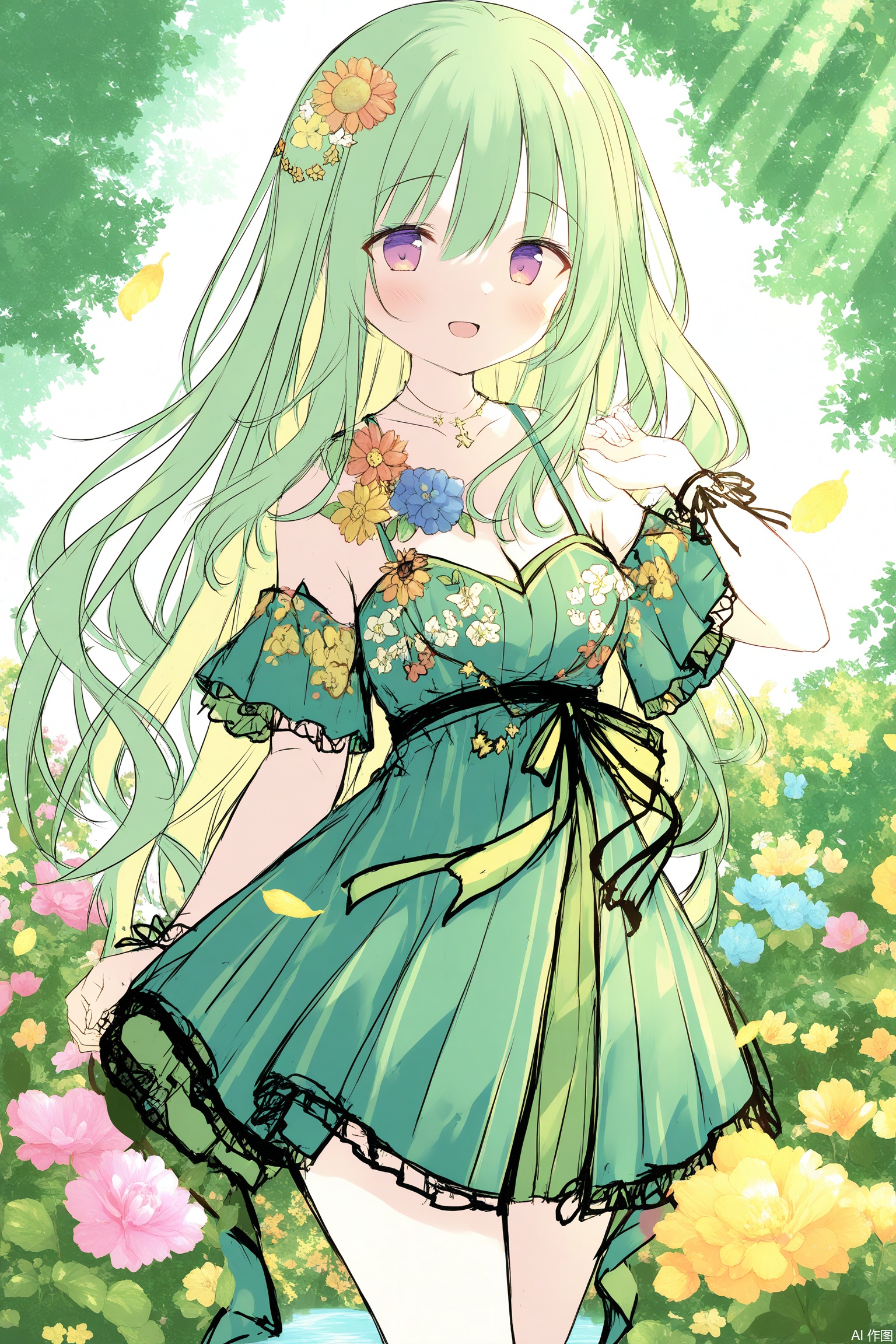 A solo shot of a plant girl with long hair, adorned with flowers in a vibrant summer garden. Blooms surround her, integrating seamlessly into her floral attire as she stands amidst nature’s beauty. Soft lighting highlights the lush greenery and colorful flowers, emphasizing her connection to the thriving garden. Her pose exudes grace, capturing the essence of summer and harmony with the natural world.