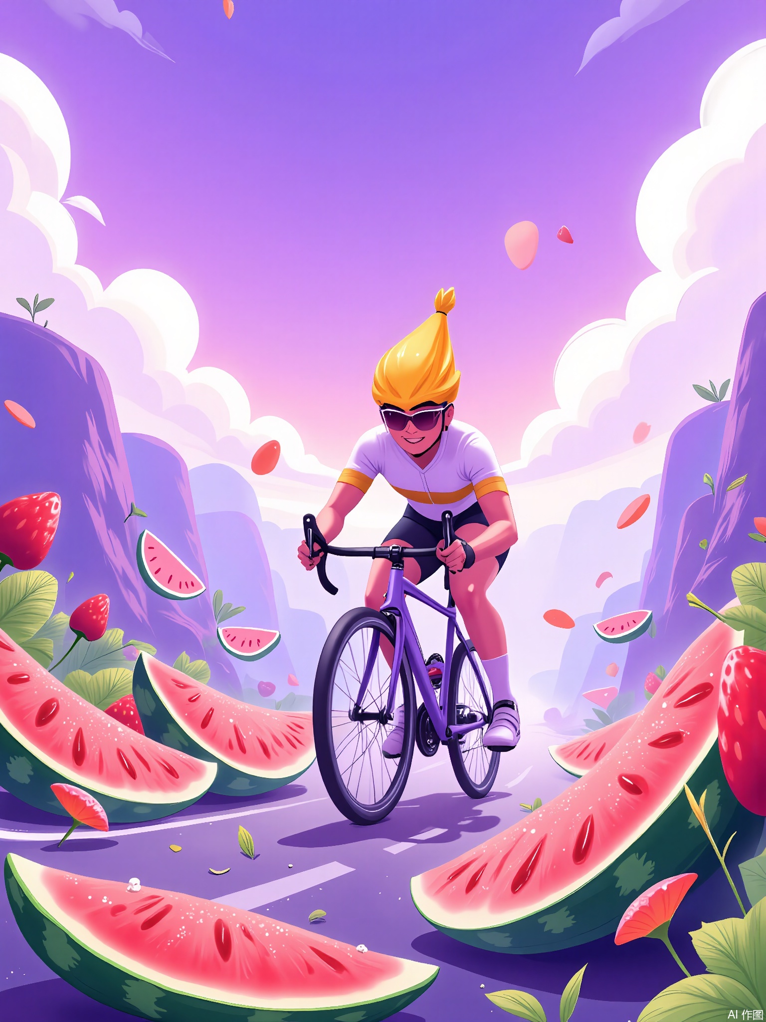 SYHB,
A cyclist in a banana-peel helmet races through a fruit valley, with strawberry speed bumps and watermelon slice ramps, under a grape-purple sky.
