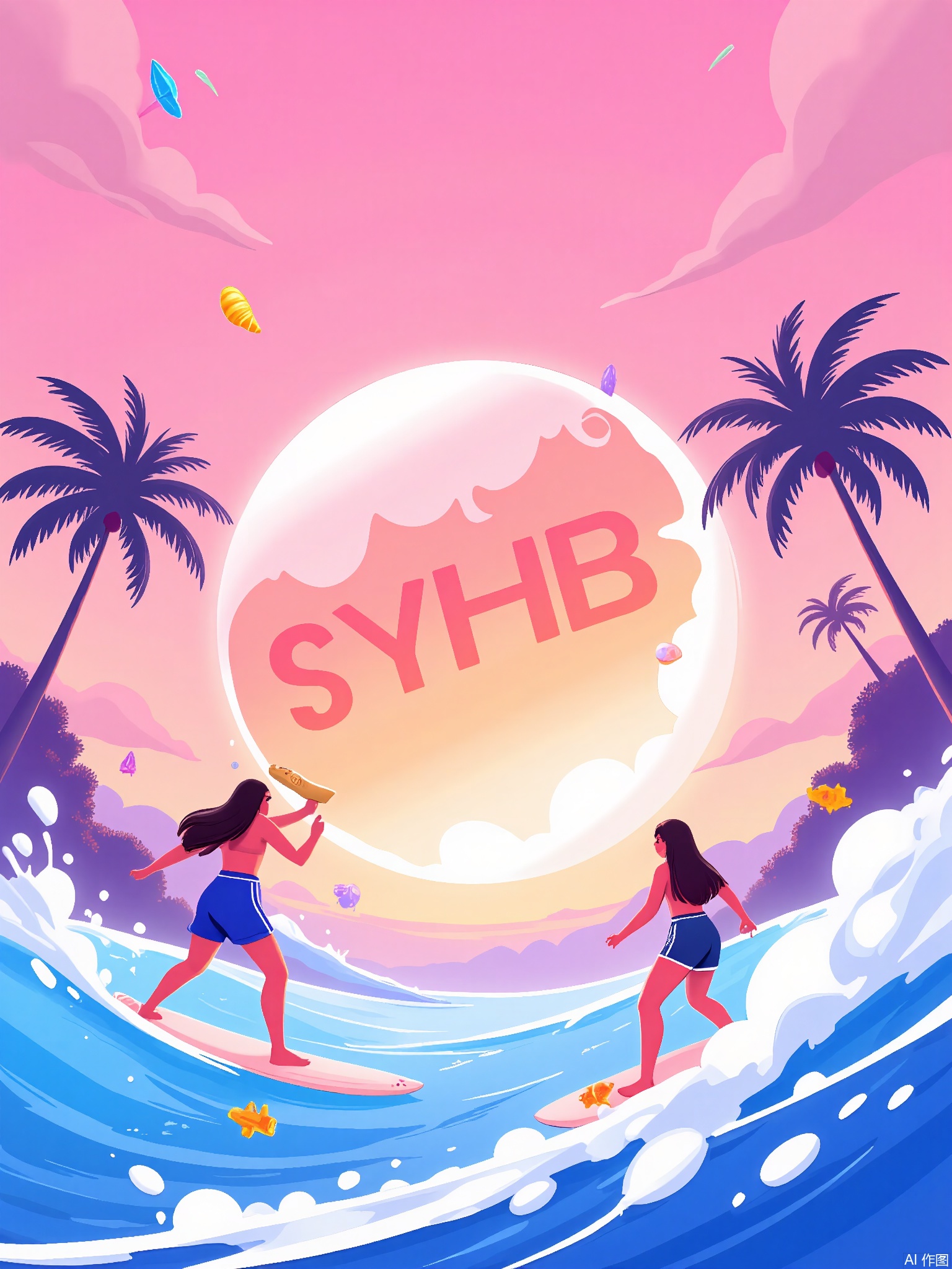 SYHB,
Surfers riding candy-colored waves with tropical fish companions, palm trees shaped like ice cream cones, and a gradient sunset sky.
