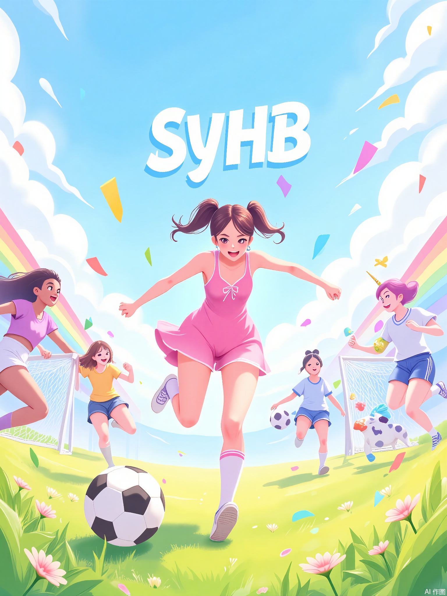 SYHB,
A spirited girl with pigtails in a pink sundress kicks a soccer ball past floating confetti goals, surrounded by cheering animal mascots (lion, panda, unicorn) on a rainbow-striped field under a candy-dotted sky.
