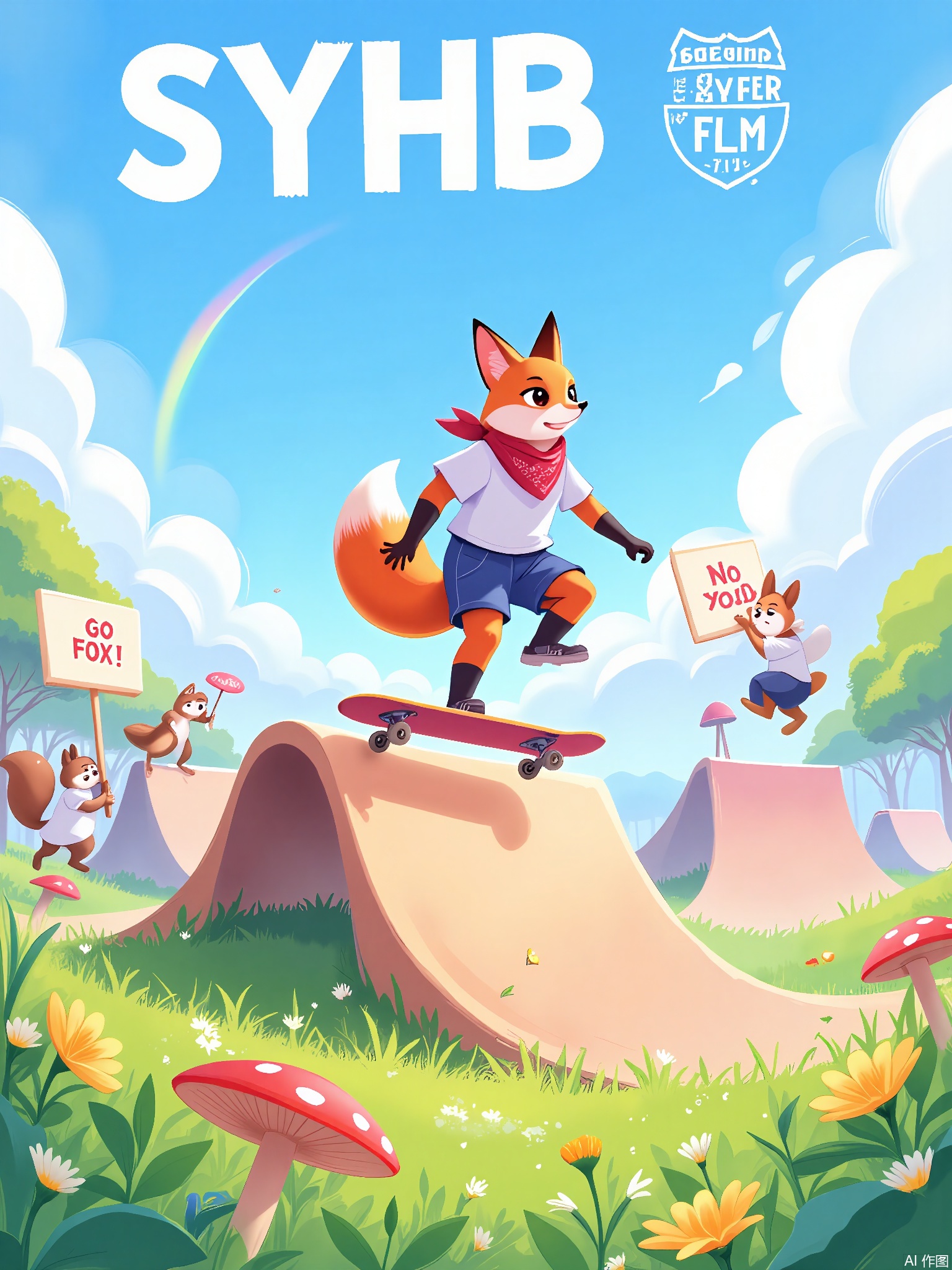 SYHB,
A skateboarding fox in a bandana ollies over a rainbow ramp, with squirrel spectators holding "Go Fox!" signs, in a park filled with acorn-shaped ramps and mushroom jumps.
