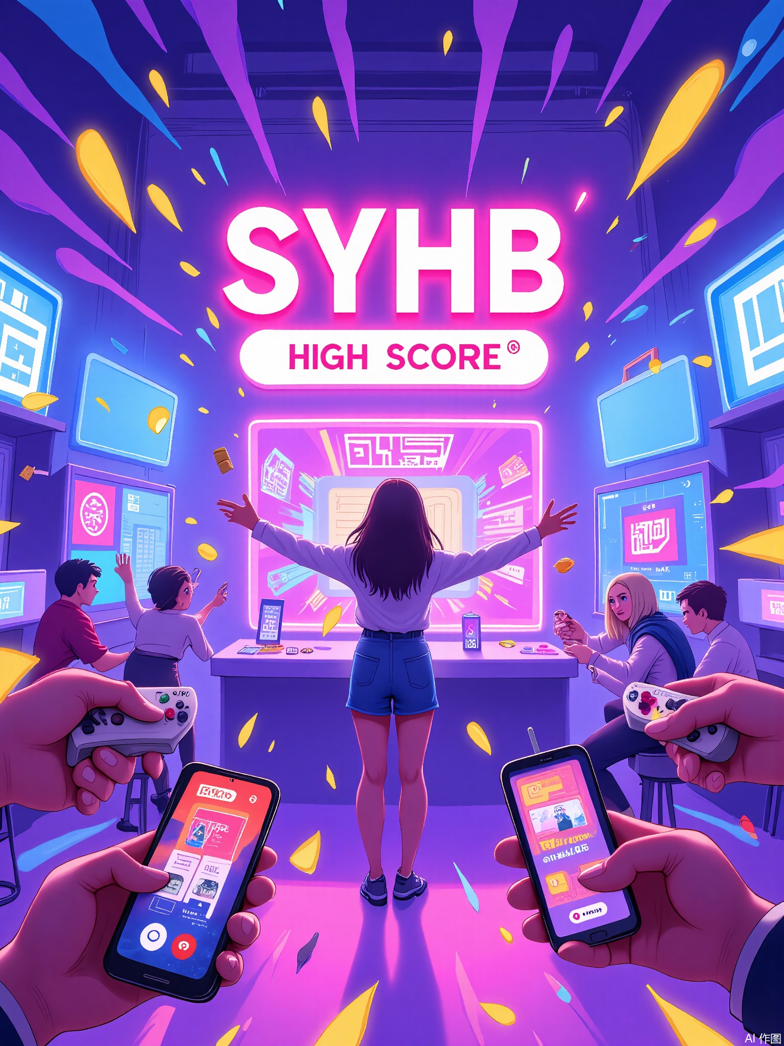 SYHB,
Arcade game characters celebrating high score with pixel-art confetti, retro game controllers, and neon 80s-style synth backgrounds.
