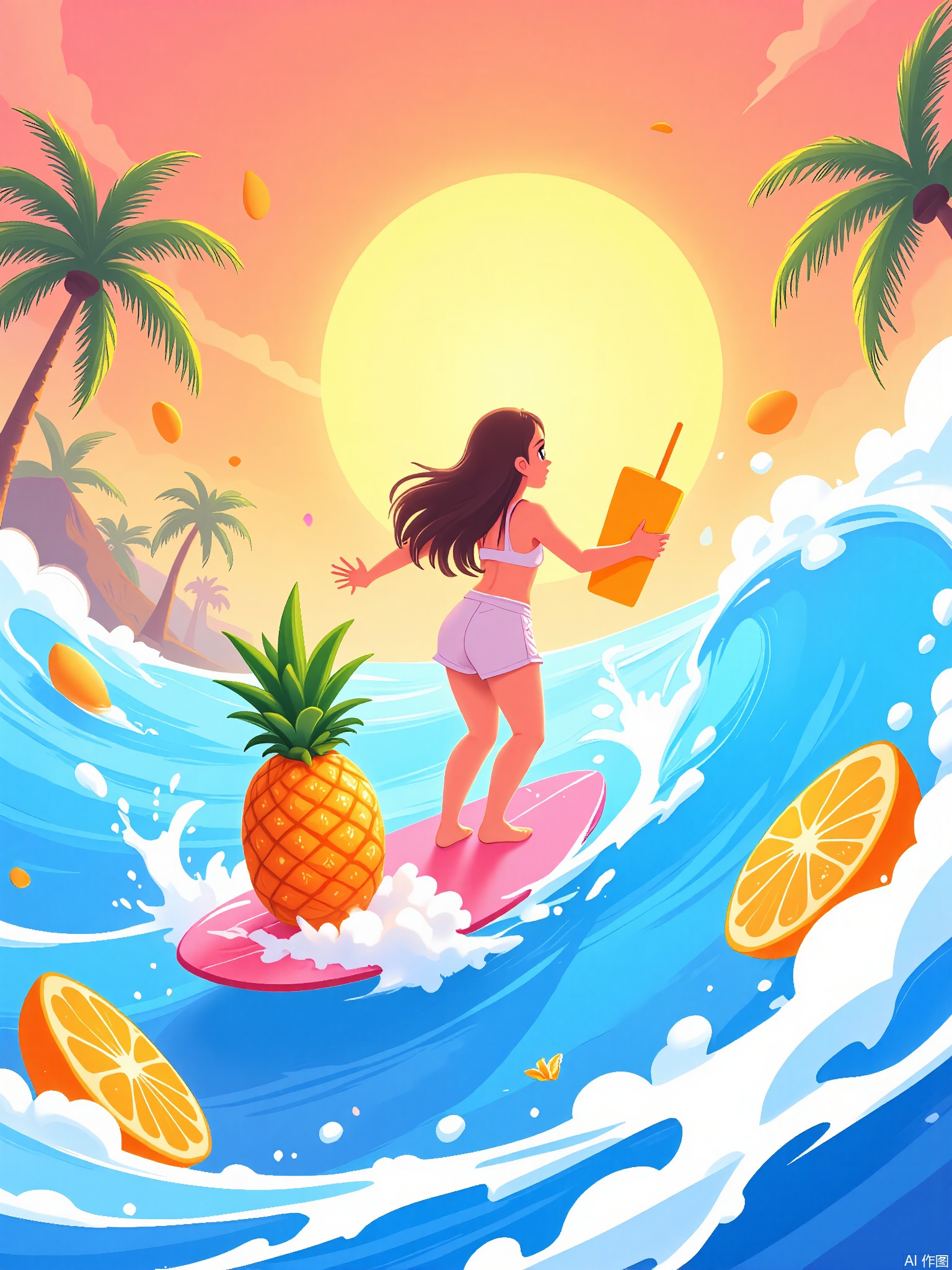 SYHB,
A surfer girl with a pineapple board rides a wave of melted ice cream, with coconut palm trees and seashell speakers blasting tropical tunes under a mango-sunset sky.
