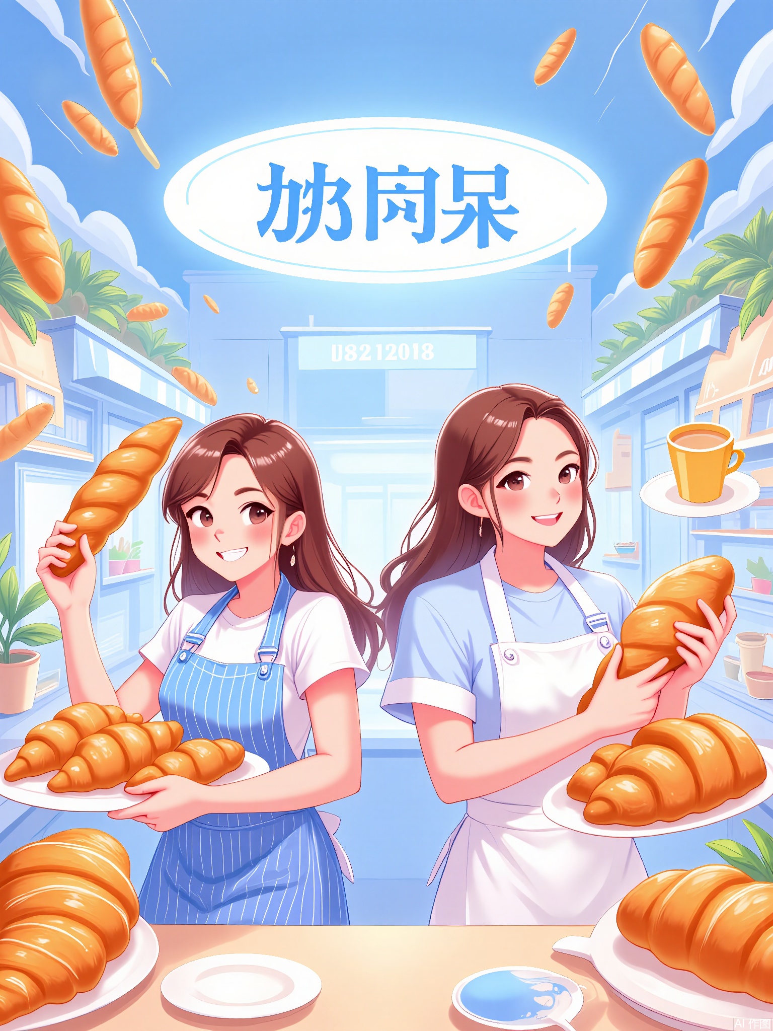 SYHB,
Cheerful bakers holding trays of croissants and baguettes in a Parisian-style patisserie with pastel blue awnings, striped aprons, and floating coffee cups.
