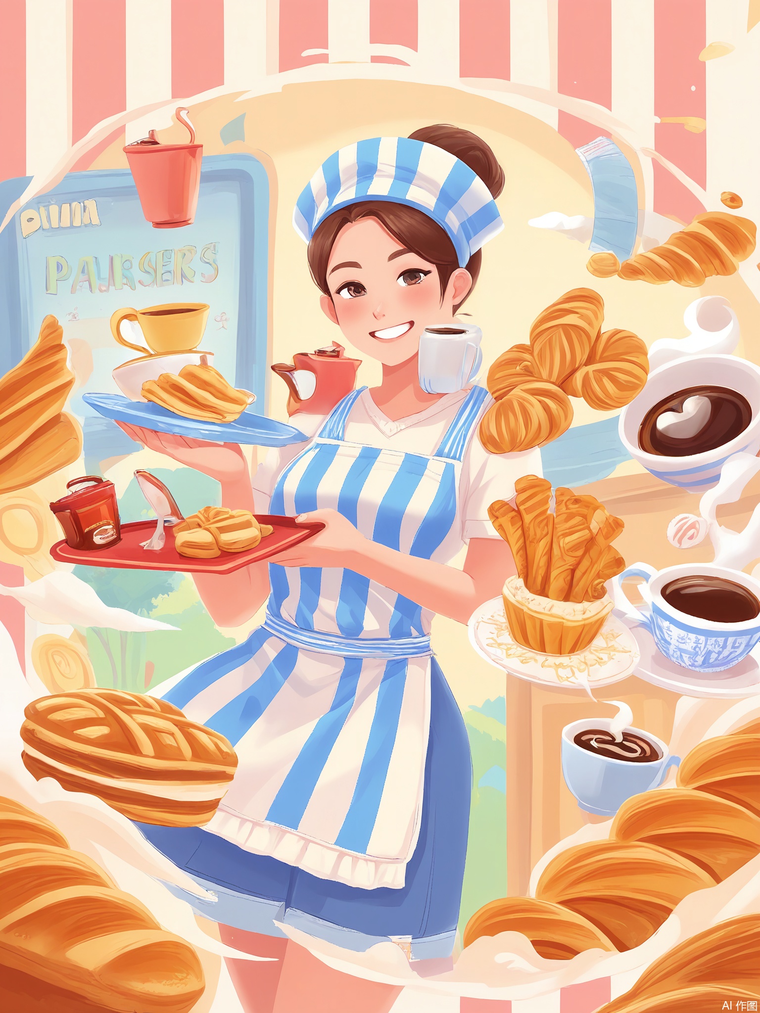 SYHB, Cheerful bakers holding trays of croissants and baguettes in a Parisian-style patisserie with pastel blue awnings, striped aprons, and floating coffee cups.
