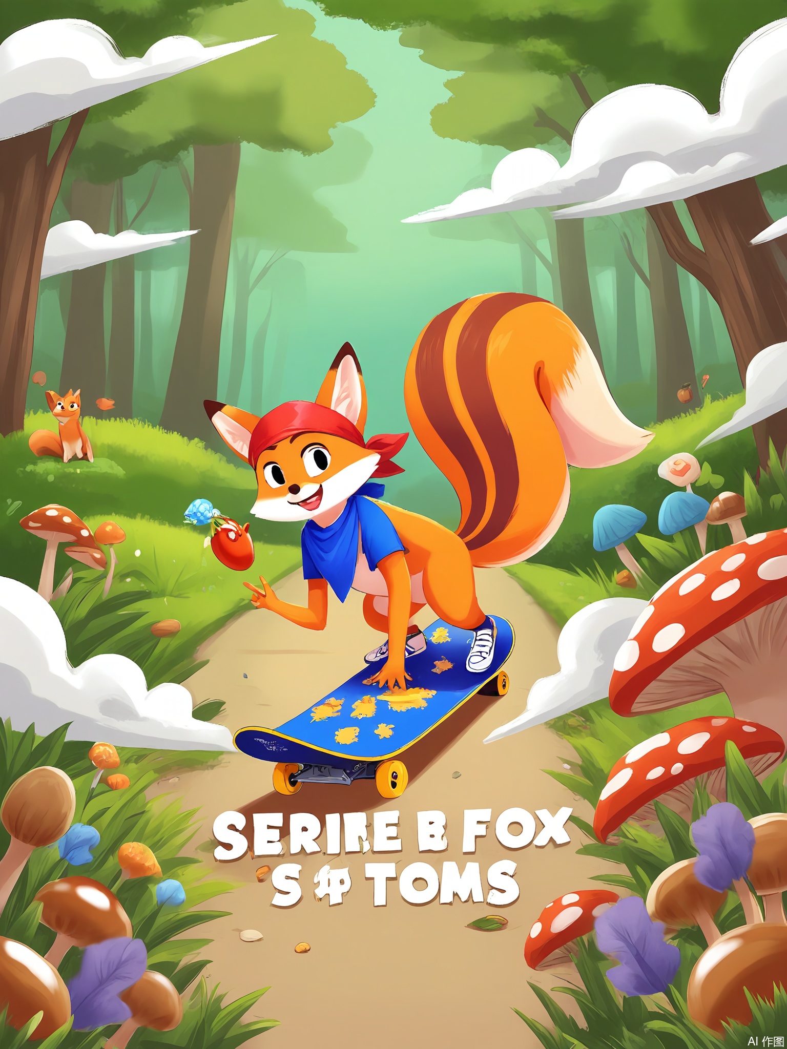 SYHB, A skateboarding fox in a bandana ollies over a rainbow ramp, with squirrel spectators holding "Go Fox!" signs, in a park filled with acorn-shaped ramps and mushroom jumps.
