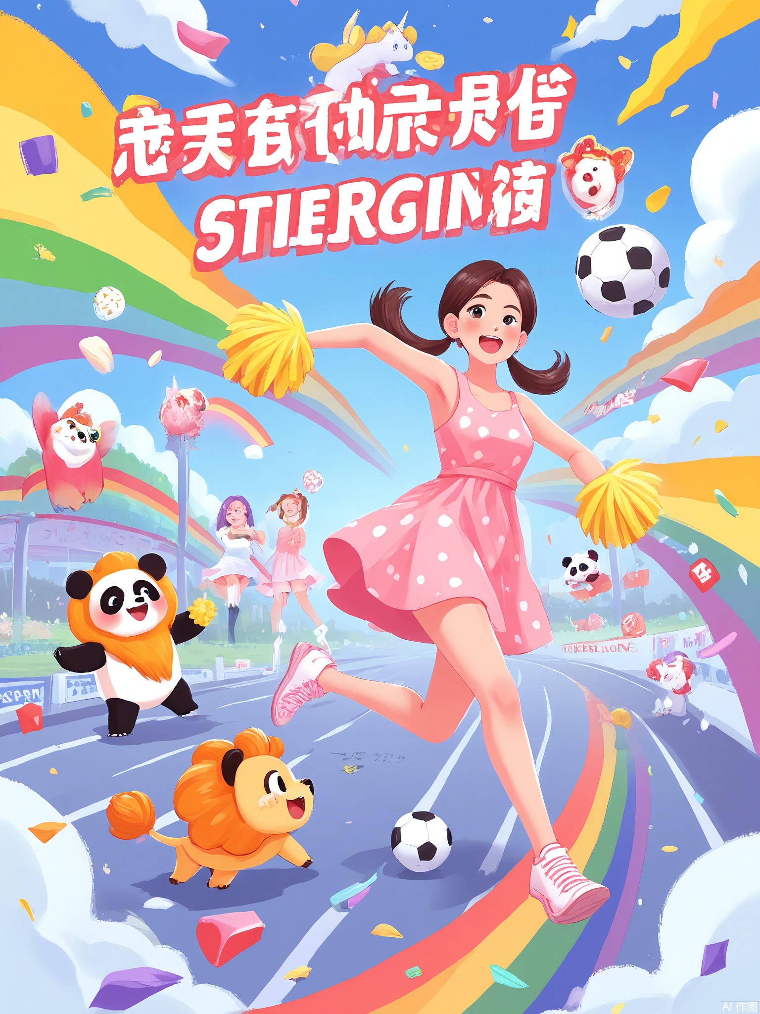 SYHB, A spirited girl with pigtails in a pink sundress kicks a soccer ball past floating confetti goals, surrounded by cheering animal mascots (lion, panda, unicorn) on a rainbow-striped field under a candy-dotted sky.
